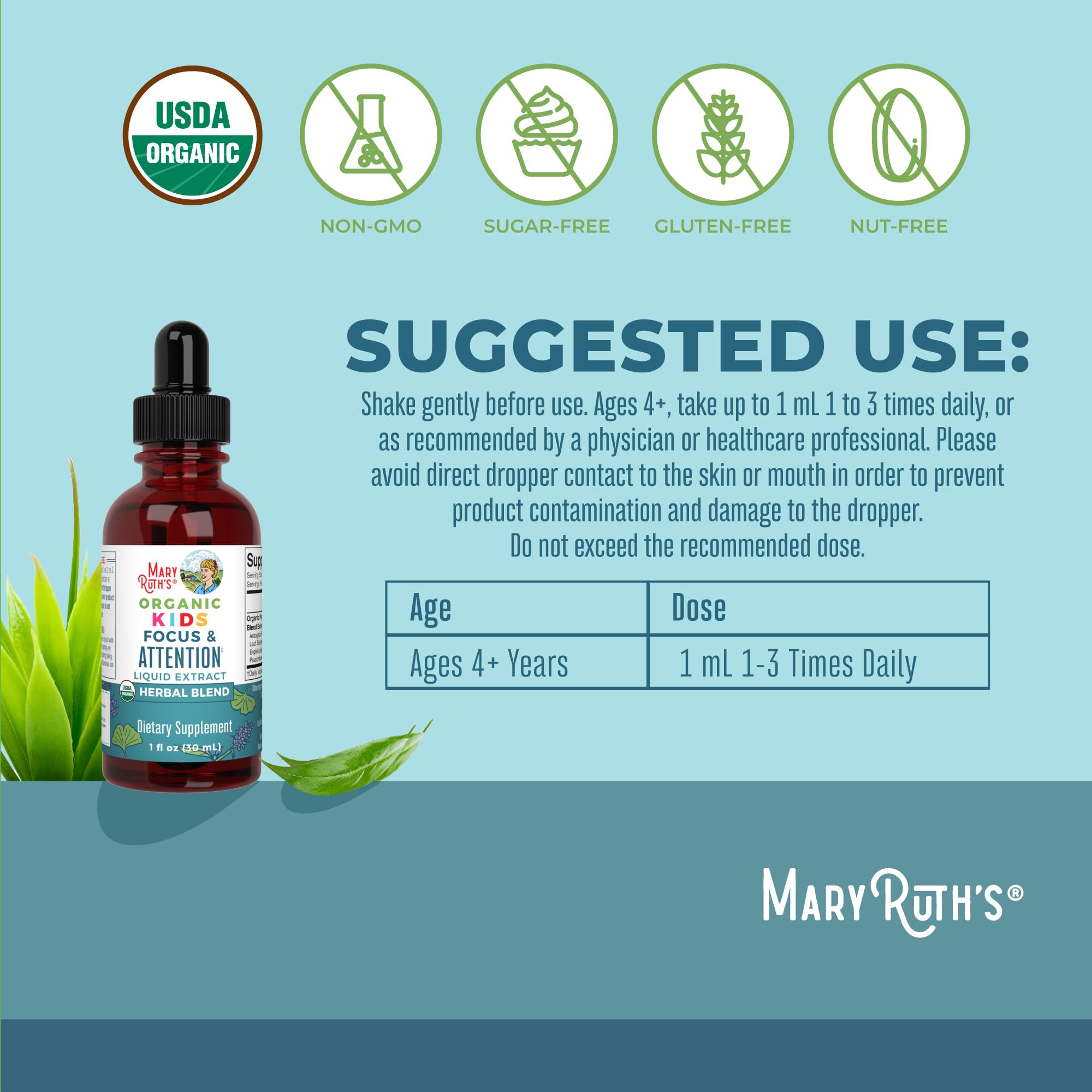 MaryRuth Organics Kids Focus & Attention Drops | USDA Organic Drops | Ginkgo Biloba | Rhodiola Root & Licorice Root | Adaptogenic | Calm | Vegan | Non-GMO | Gluten Free | 30 Servings