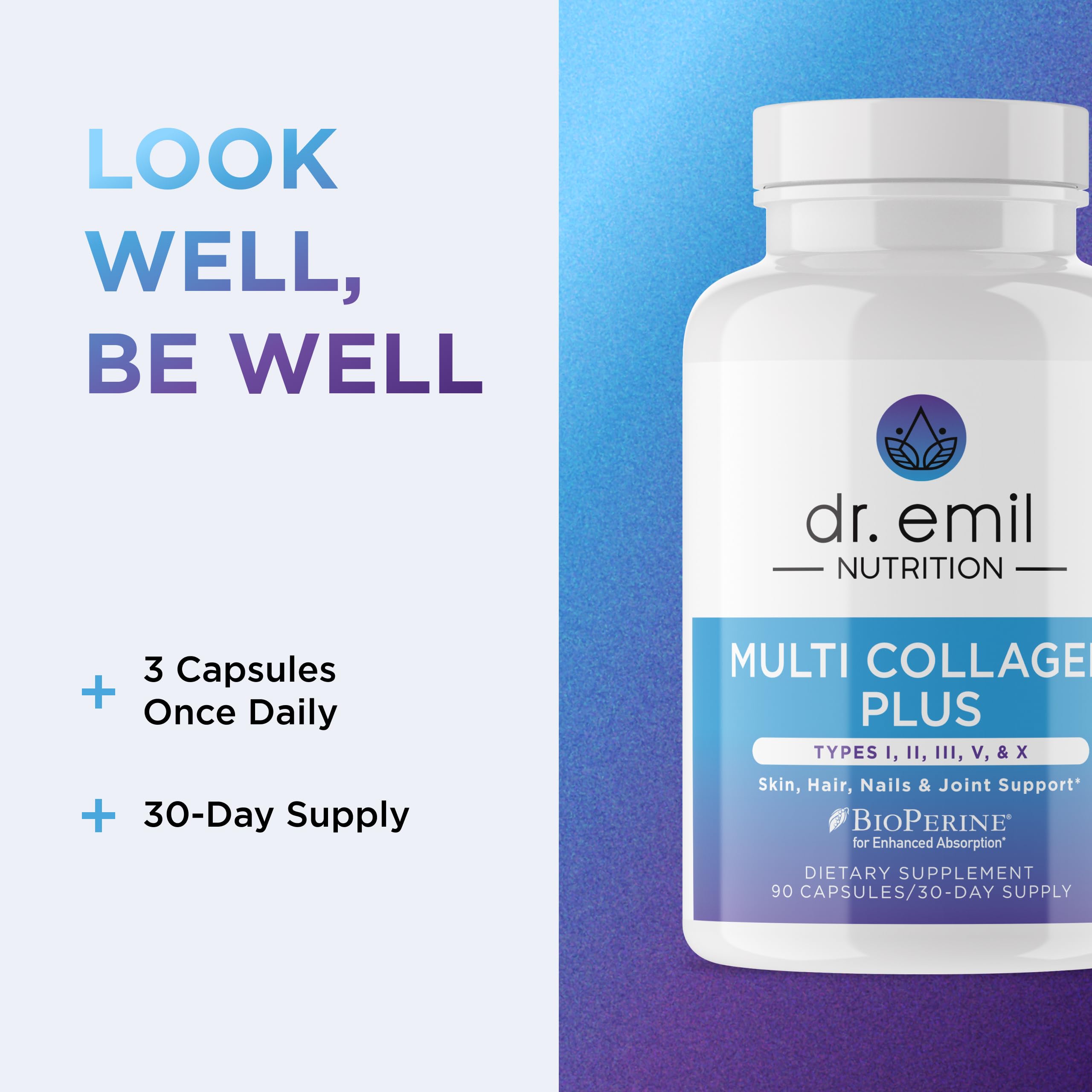 DR. EMIL NUTRITION Women's Multi Collagen Pills | Collagen Supplements | Support Hair, Skin, Nails & Joints | Hydrolyzed Collagen Supplements | Types I, II, III, V & X | 90 Capsules
