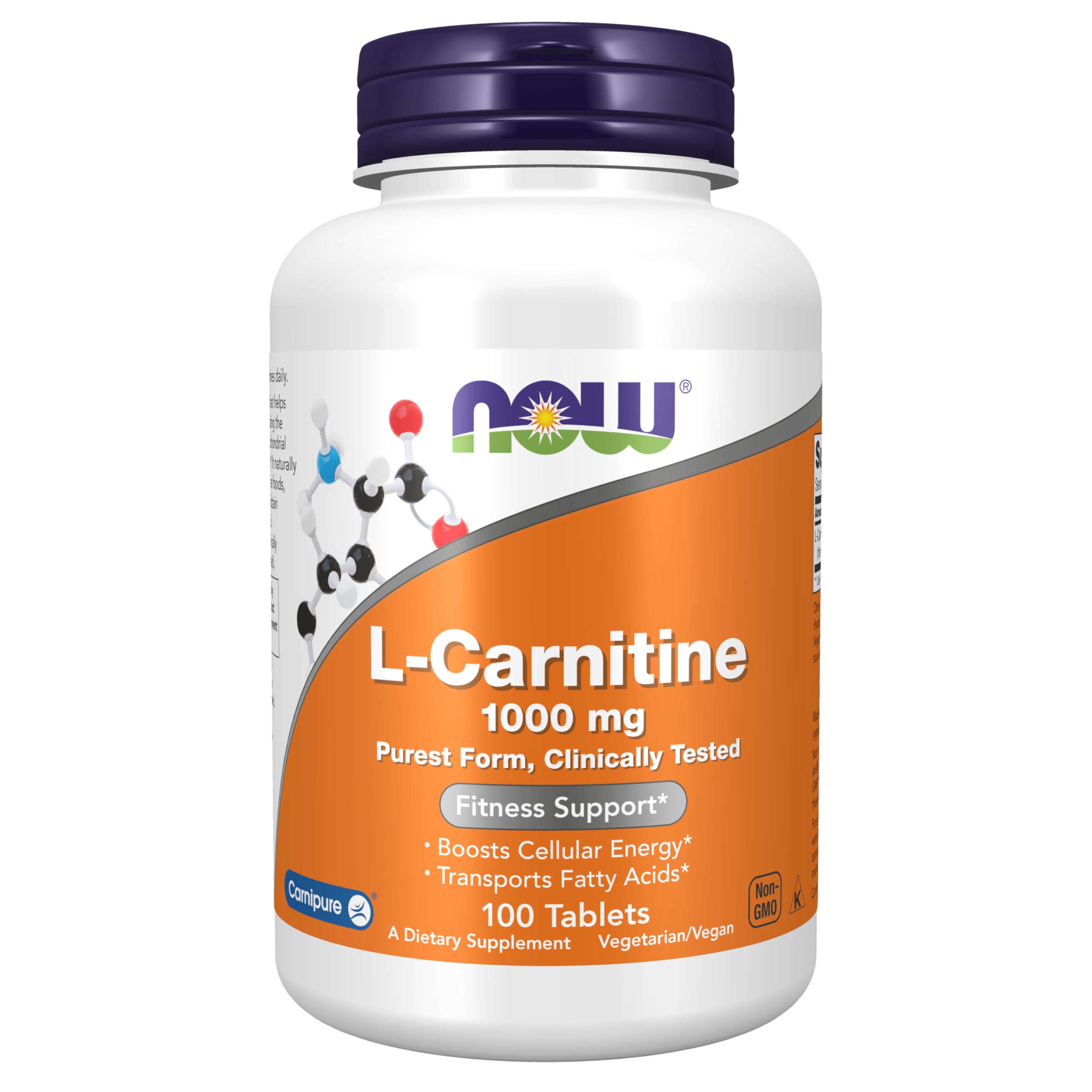 NOW Foods Supplements, L-Carnitine 1,000 mg, Purest Form, Amino Acid, Fitness Support*, 100 Tablets