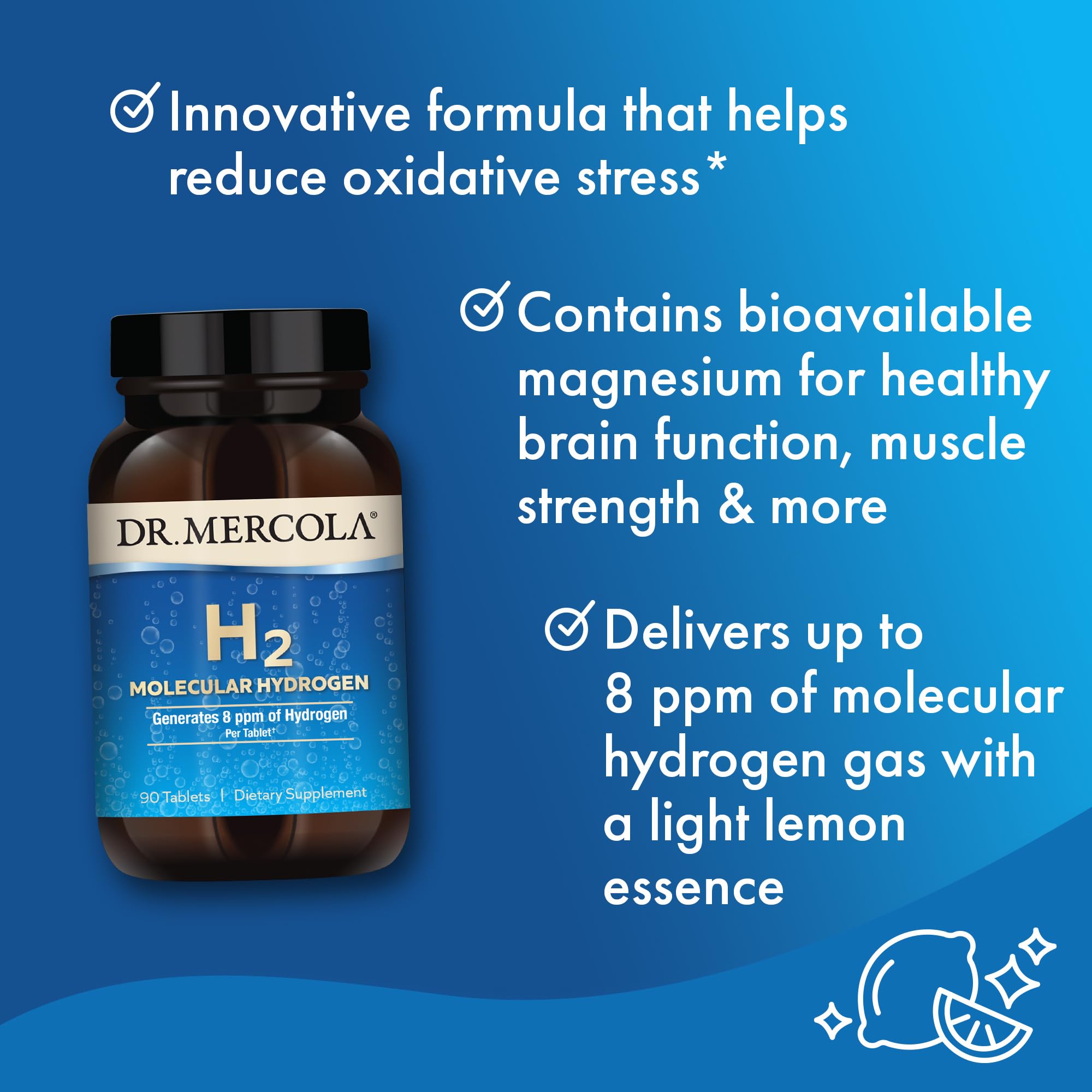 Dr. Mercola H2 Molecular Hydrogen - Supports Healthy Aging, Cellular Energy & Brain Health - with Elemental Magnesium - GMO-Free, Gluten-Free & Soy-Free - 90 Tablets (90 Servings)