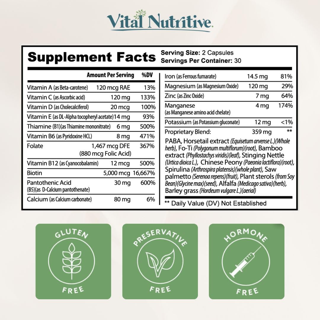 VITAL NUTRITIVE Vital Hair Complex – Biotin & Vitamin B Hair Vitamins for Women & Men – Supports Healthy Hair, Skin & Nails – Hormone-Free, Gluten-Free – Hair Supplement for Women & Men