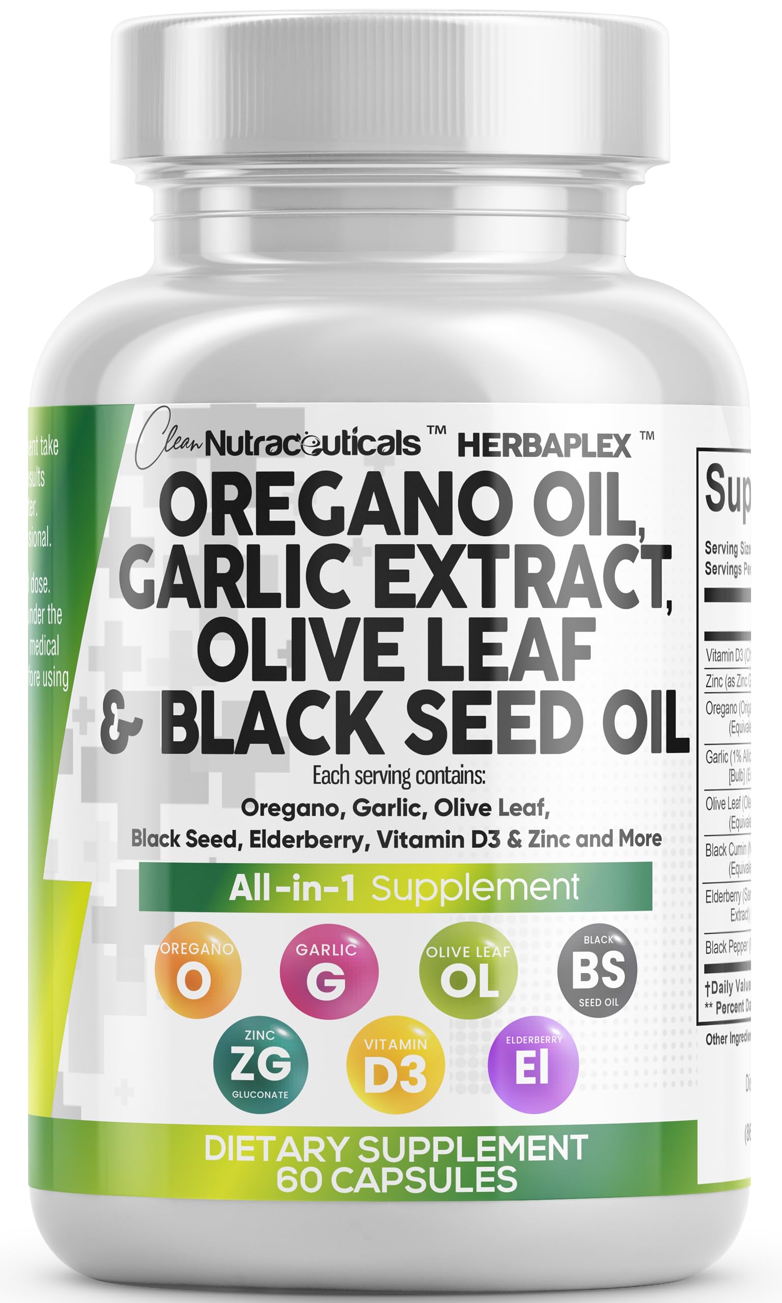 Clean Nutra Oregano Oil with Black Seed Oil Garlic Olive Leaf Extract - Oil of Oregano Capsules Immune Support Carvacrol & Thymoquinone Supplement for Women and Men + Elderberry Vitamin D3 & Zinc