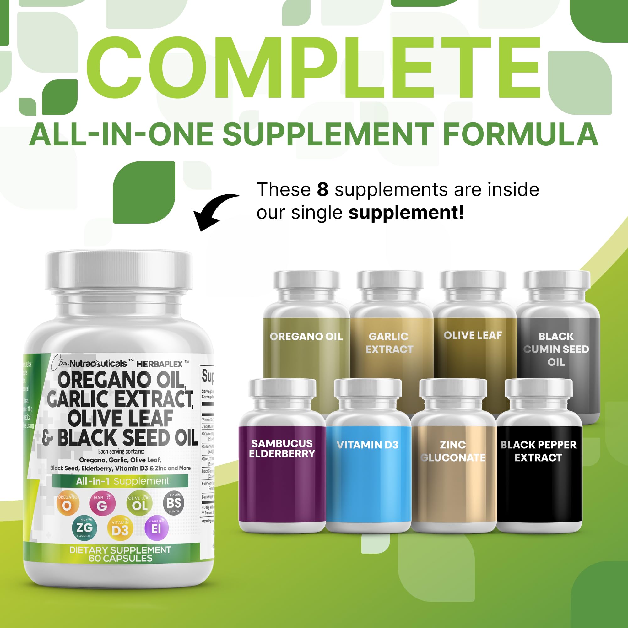 Clean Nutra Oregano Oil with Black Seed Oil Garlic Olive Leaf Extract - Oil of Oregano Capsules Immune Support Carvacrol & Thymoquinone Supplement for Women and Men + Elderberry Vitamin D3 & Zinc