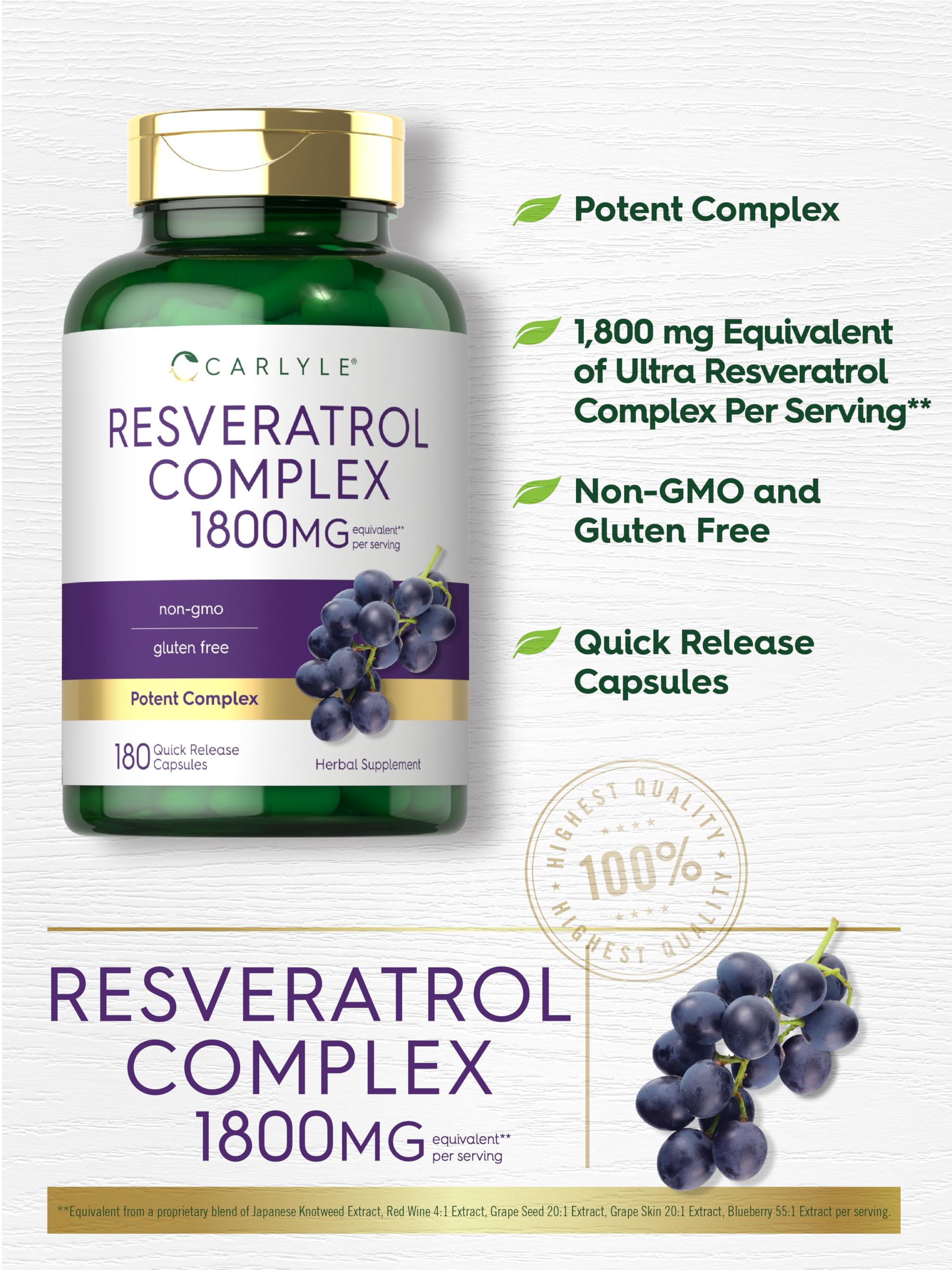 Carlyle Resveratrol Supplement | 180 Capsules | Non-GMO & Gluten Free | Potent Complex