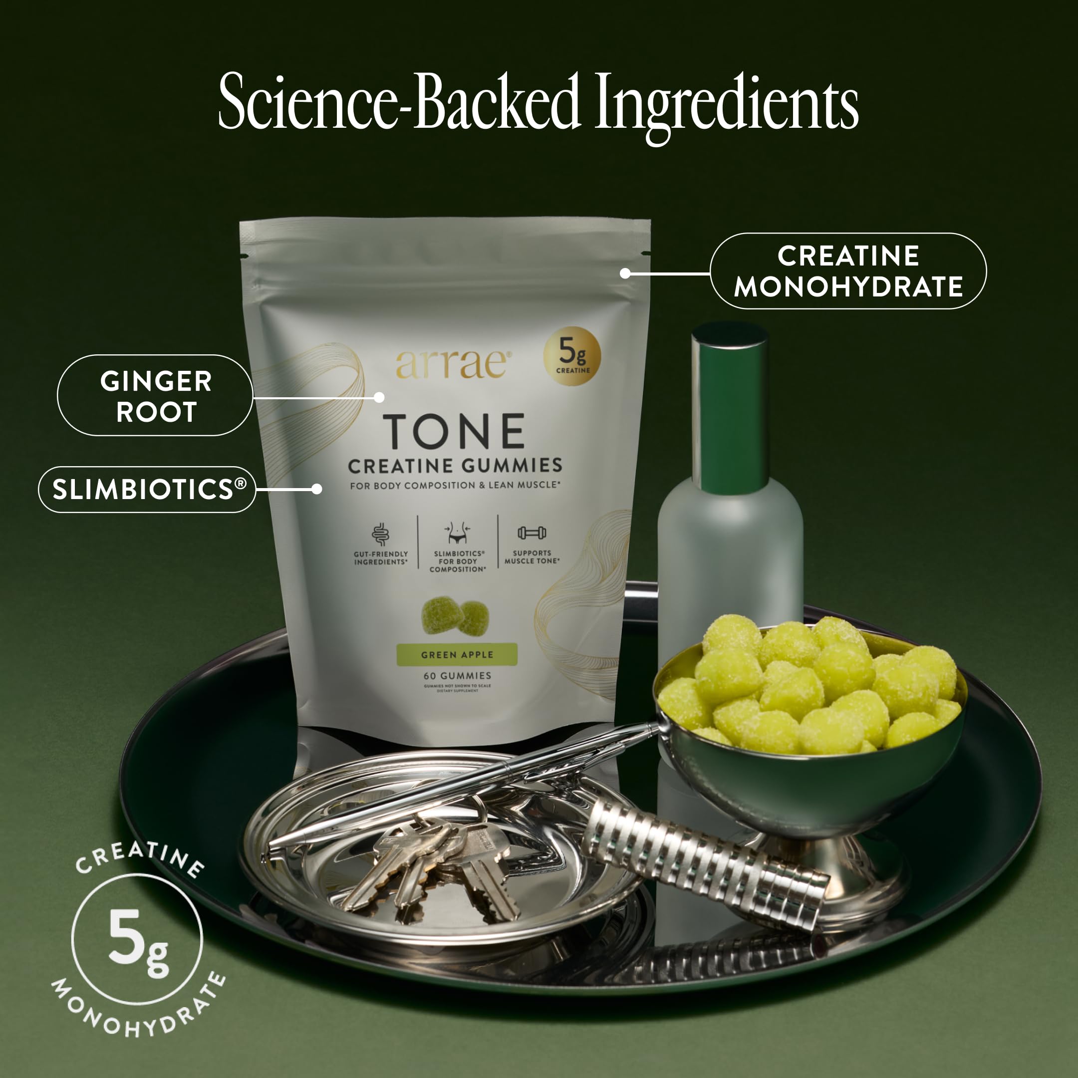 Arrae Tone Gummies – Creatine Monohydrate 5g for Women – Support Lean Muscle, Strength & Recovery – Hormone-Friendly Muscle Toning Supplement – Sour Green Apple Flavor – 60 Count (Sour Green Apple)