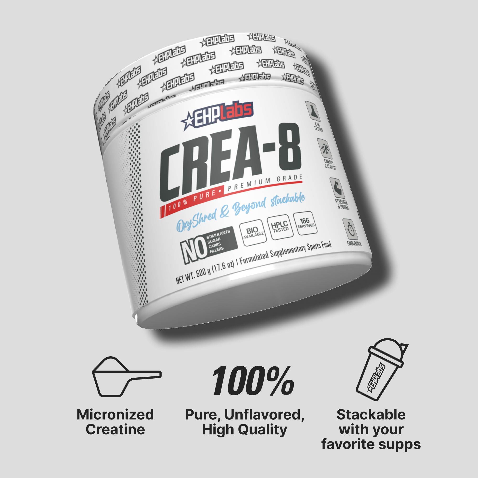 EHP Labs CREA-8 Micronized Creatine Monohydrate Powder - Unflavored Creatine Powder for Muscle Growth, Increased Strength, Enhanced Energy Output and Improved Performance - 100 Servings (500g)