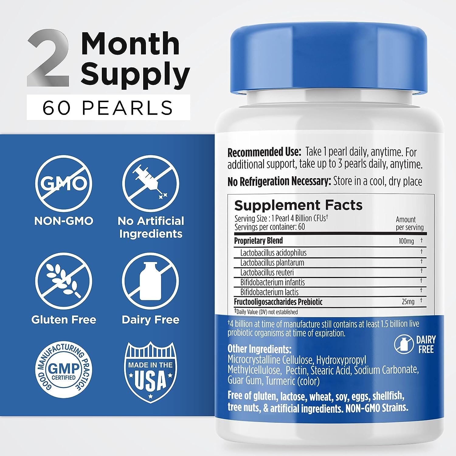 Earth's Pearl Probiotics for Women & Men & Kids - Pearl-Shaped Probiotic & Prebiotics with BIO-Tract®, 4 Billion CFU, Gut Health Support (60-Day Supply)