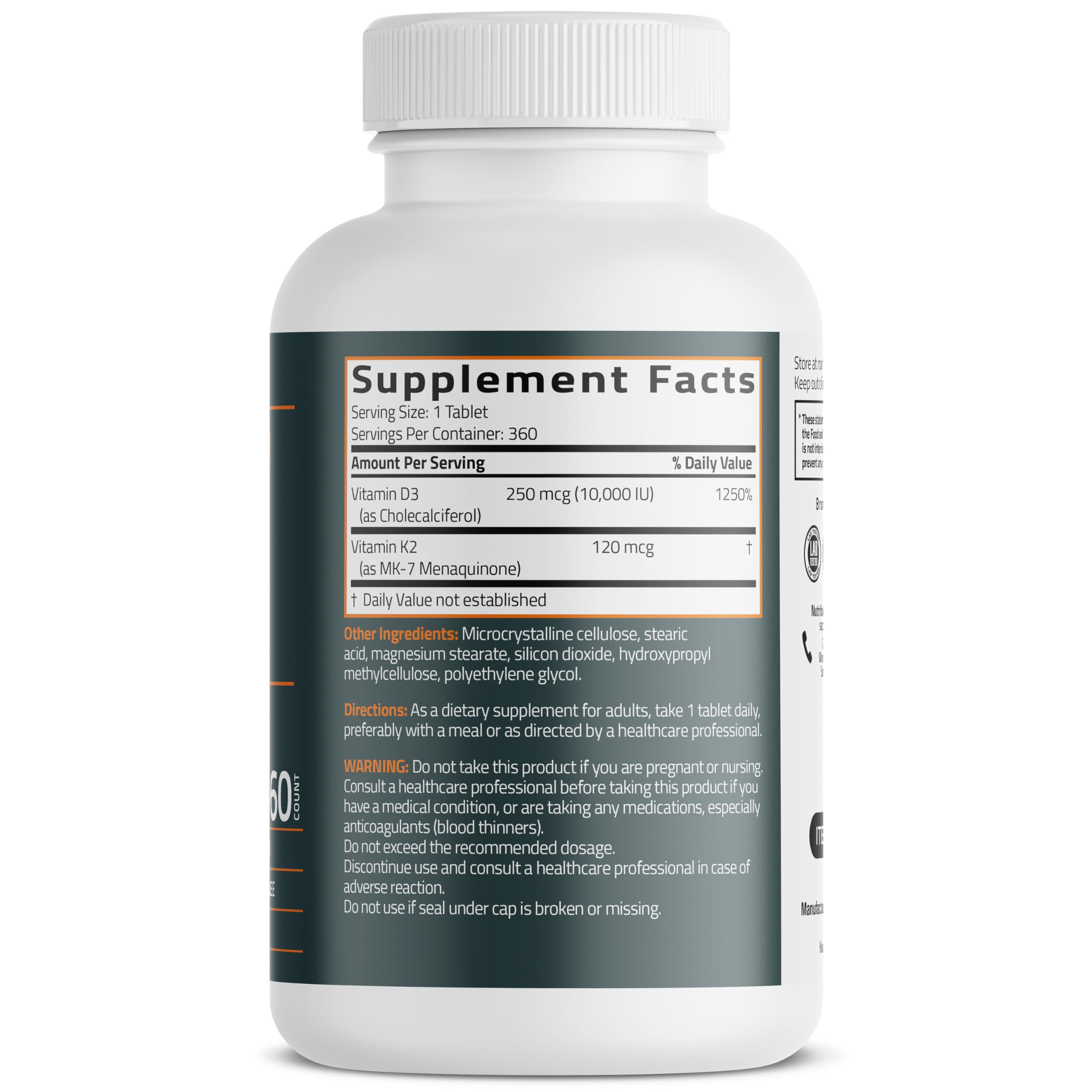 Bronson Vitamin K2 (MK7) with D3 Supplement Extra Strength 2 in 1 Support, 10,000 IU Vitamin D3 & 120 mcg K2 MK-7, 360 Tablets