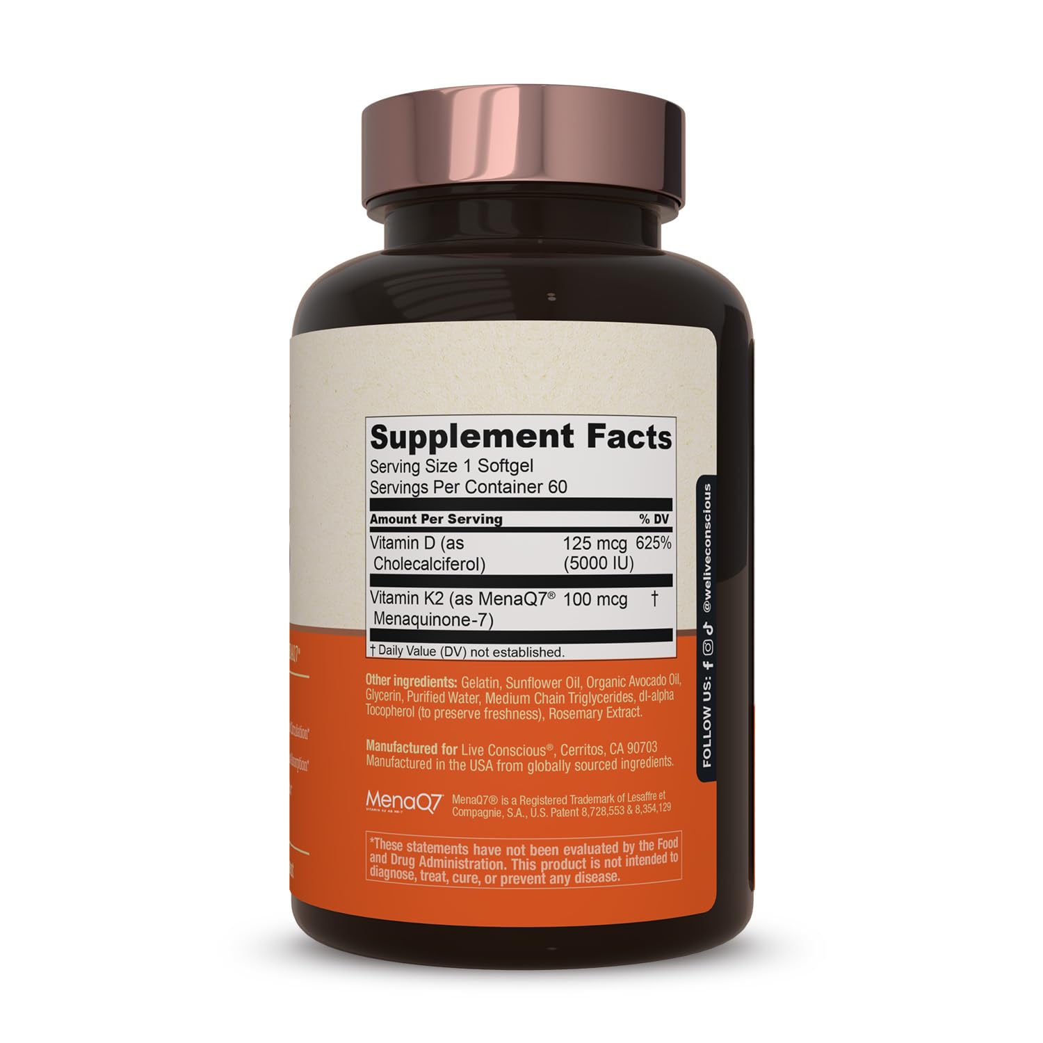 Live Conscious Vitamin K2 MK7 with D3 Supplement | Bone & Heart Health Support - Patented Vitamin K & Vitamin D3 5000 IU (2-Pack)
