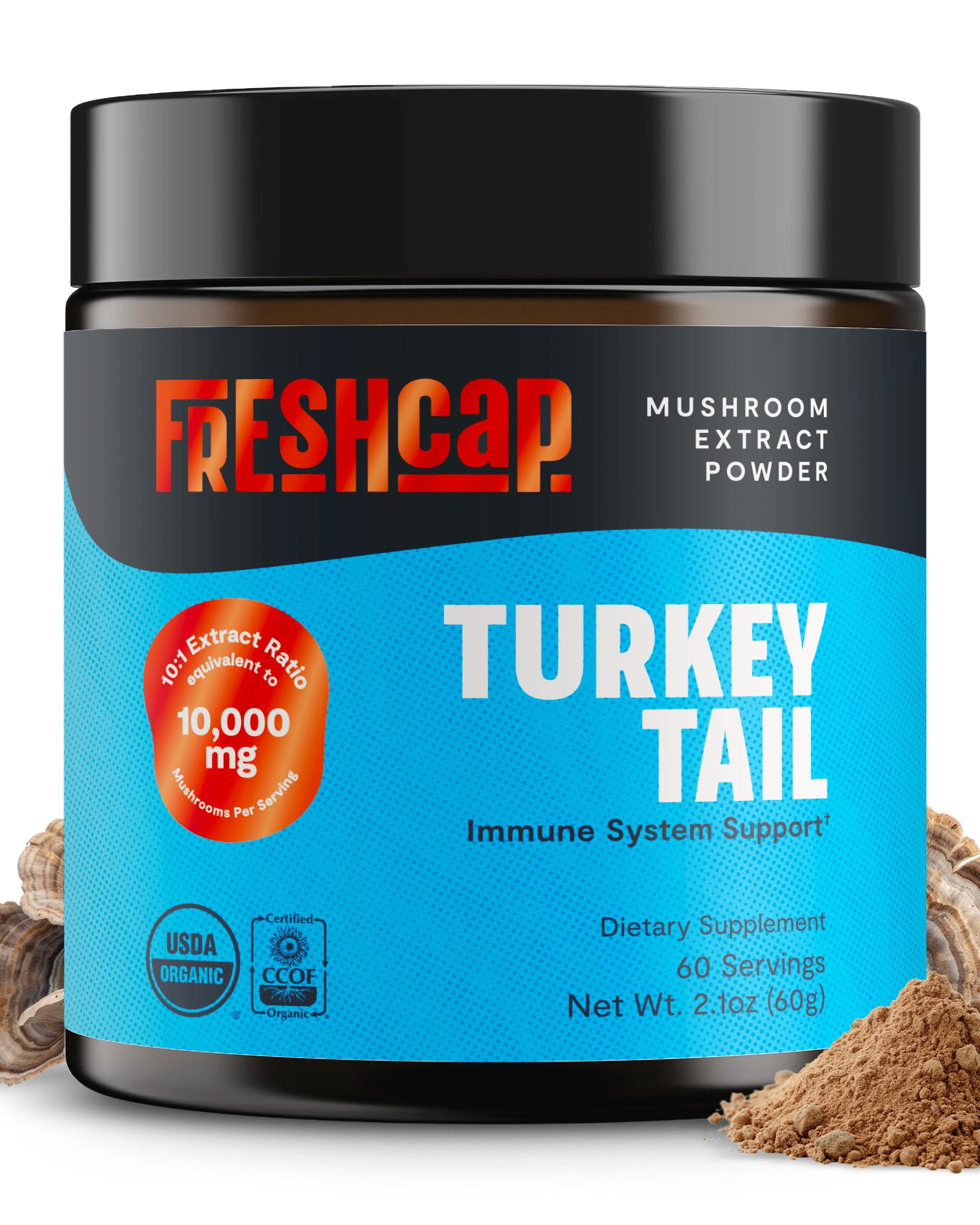 FreshCap Mushrooms Turkey Tail Mushroom Powder 10,000mg - Turkey Tail Supplement Mushroom Extract for Immune Support, Ayurveda Nootropic Supplement (60 Servings)