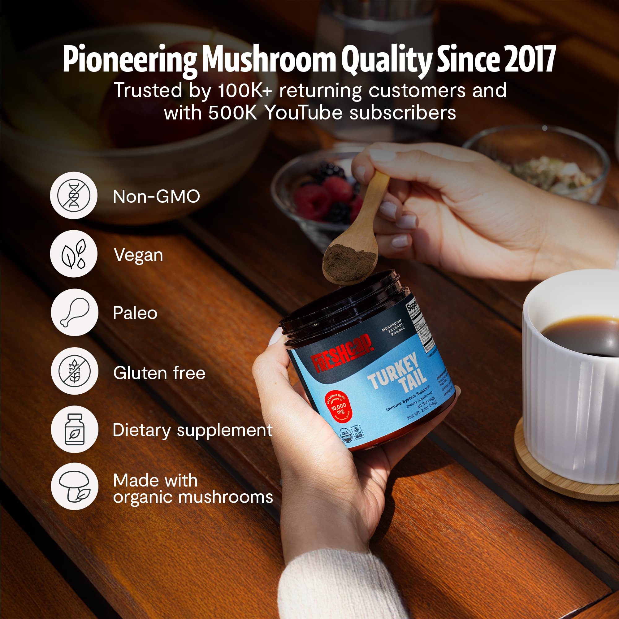 FreshCap Mushrooms Turkey Tail Mushroom Powder 10,000mg - Turkey Tail Supplement Mushroom Extract for Immune Support, Ayurveda Nootropic Supplement (60 Servings)