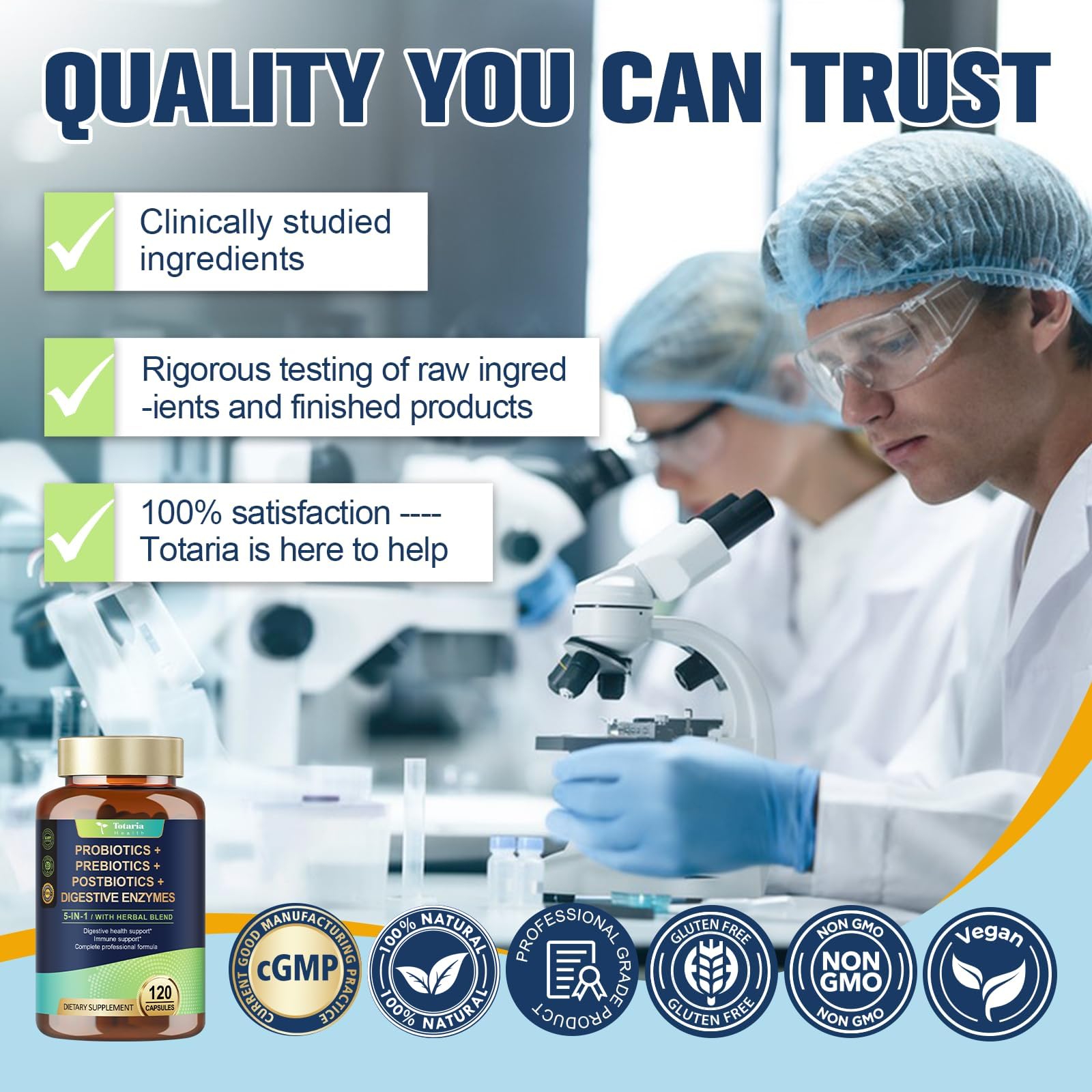 Totaria 5-in-1 Probiotic Prebiotic & Postbiotic for Women Men, 60 Billion CFU 24 Strains w/Digestive Enzymes, Prebiotic Fiber, Slippery Elm, Daily Complete Immune, Gut Health, 120 Day Supply