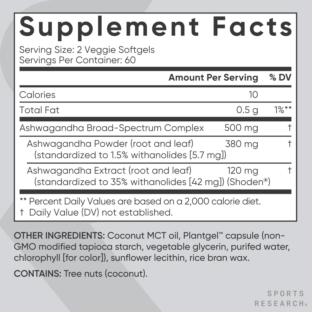 Sports Research® Ashwagandha Softgels with Coconut MCT Oil - Natural Ayurvedic Adaptogen Made with Shoden® Ashwa for Relaxation, Calm & Sleep Support - Gluten Free & Vegan Friendly - 120 Count