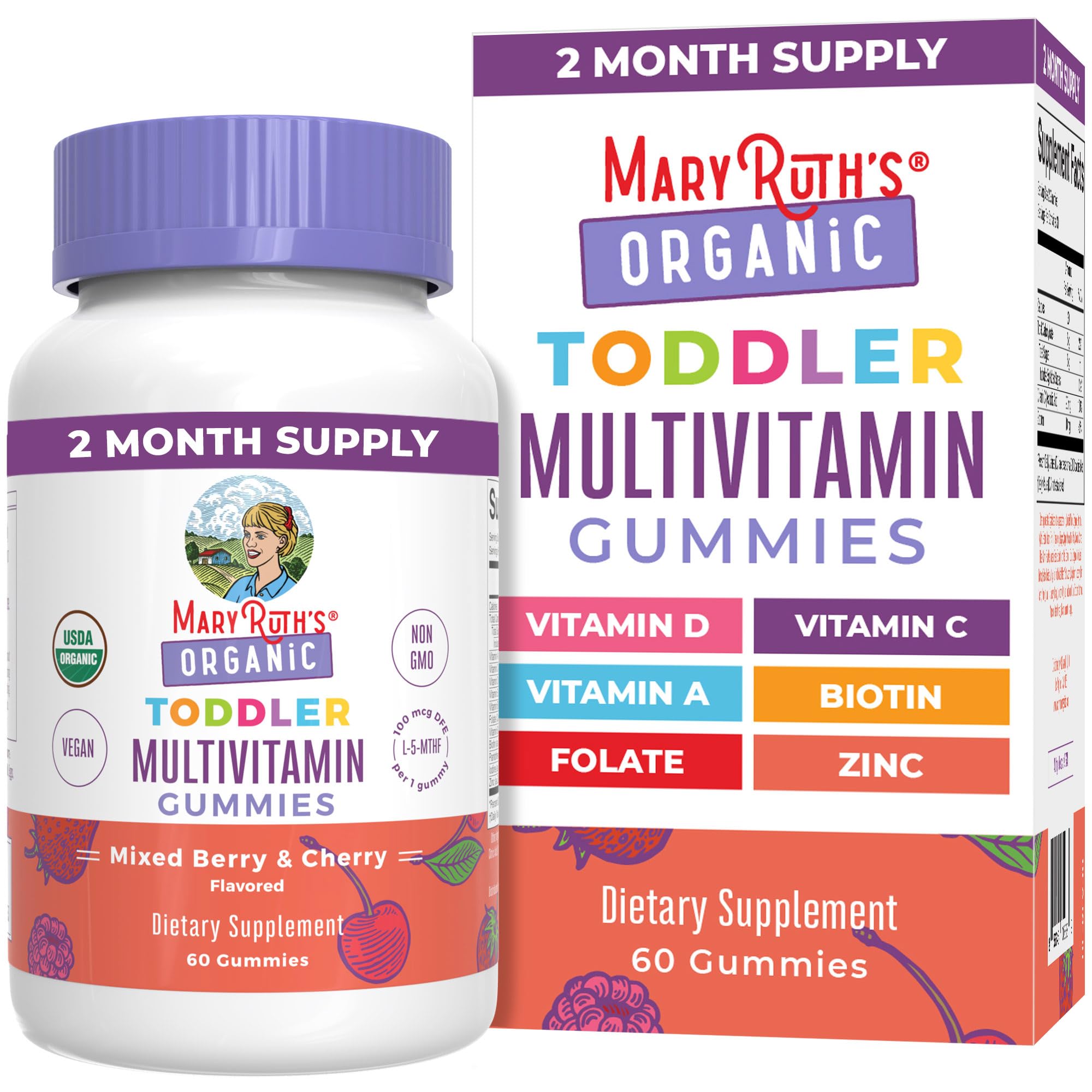 MaryRuth's Organic Toddler Multivitamin Gummies | Ages 4+ | Vitamin A, C, D, E, B6, B12, Biotin, Iodine, Zinc | Immunity | Bone & Teeth Health | Skin & Vision Support | Vegan | Gluten Free | 60 Count