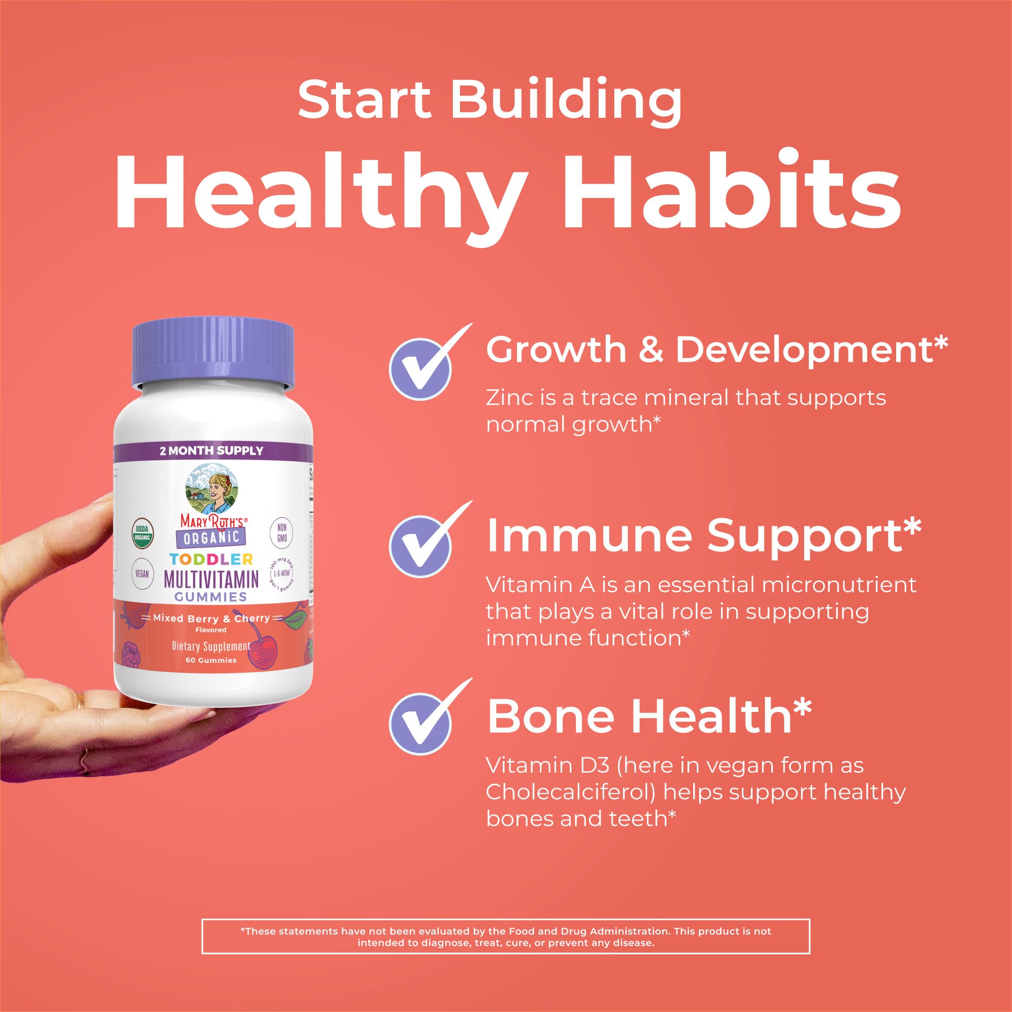 MaryRuth's Organic Toddler Multivitamin Gummies | Ages 4+ | Vitamin A, C, D, E, B6, B12, Biotin, Iodine, Zinc | Immunity | Bone & Teeth Health | Skin & Vision Support | Vegan | Gluten Free | 60 Count