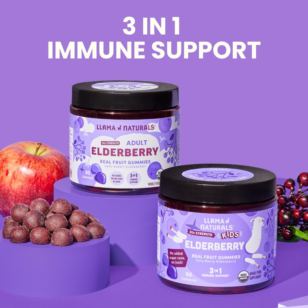 Llama Naturals Elderberry Gummies for Kids, Vegan, Organic Immune Support Supplement with Vitamin C and Zinc, Toddler Real Fruit Gummy Vitamins for Immunity, Chewable, No Added Sugar Cane, 60 Ct