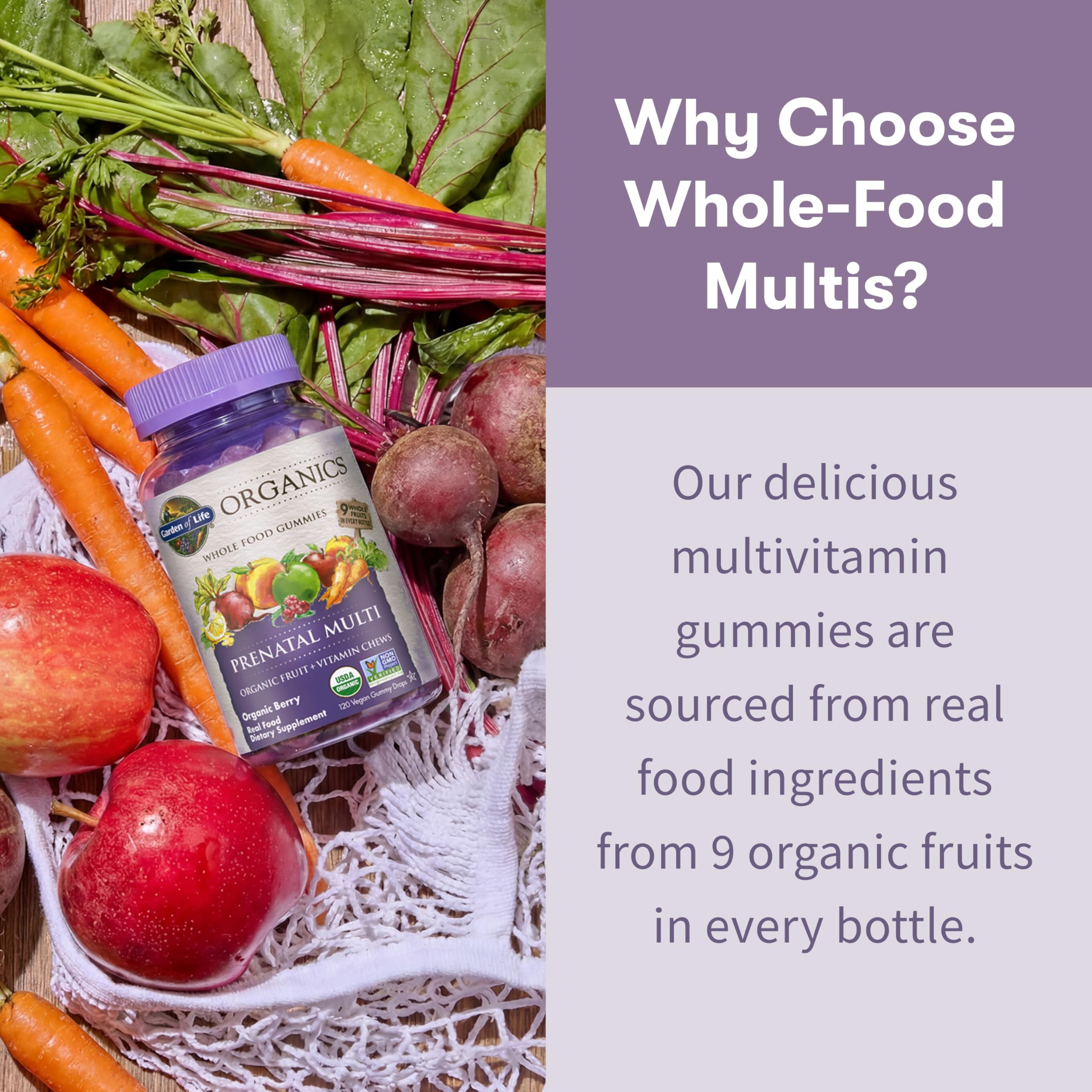 Garden of Life Organics Prenatal Gummies Multivitamin with Vitamin D3, B6, B12, C & Folate for Healthy Fetal Development – Organic, Non-GMO, Gluten-Free, Vegan, Berry Flavor, 30 Day Supply