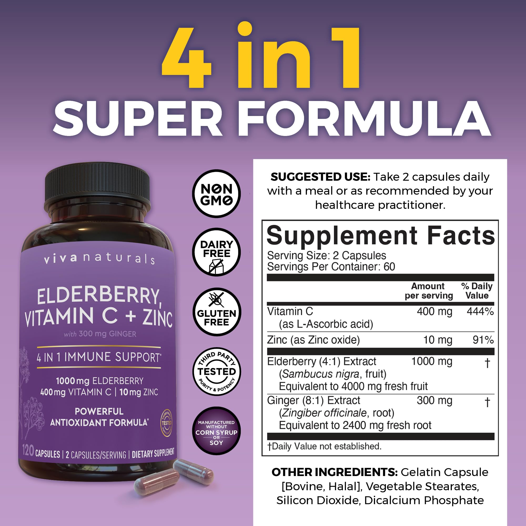 Viva Naturals Elderberry with Vitamin C and Zinc (120 Capsules) - 1000mg Sambucus Elderberry Immune Support Supplement, Black Elderberry Capsules for Adults, Elderberry Vitamins - 2 Months Supply