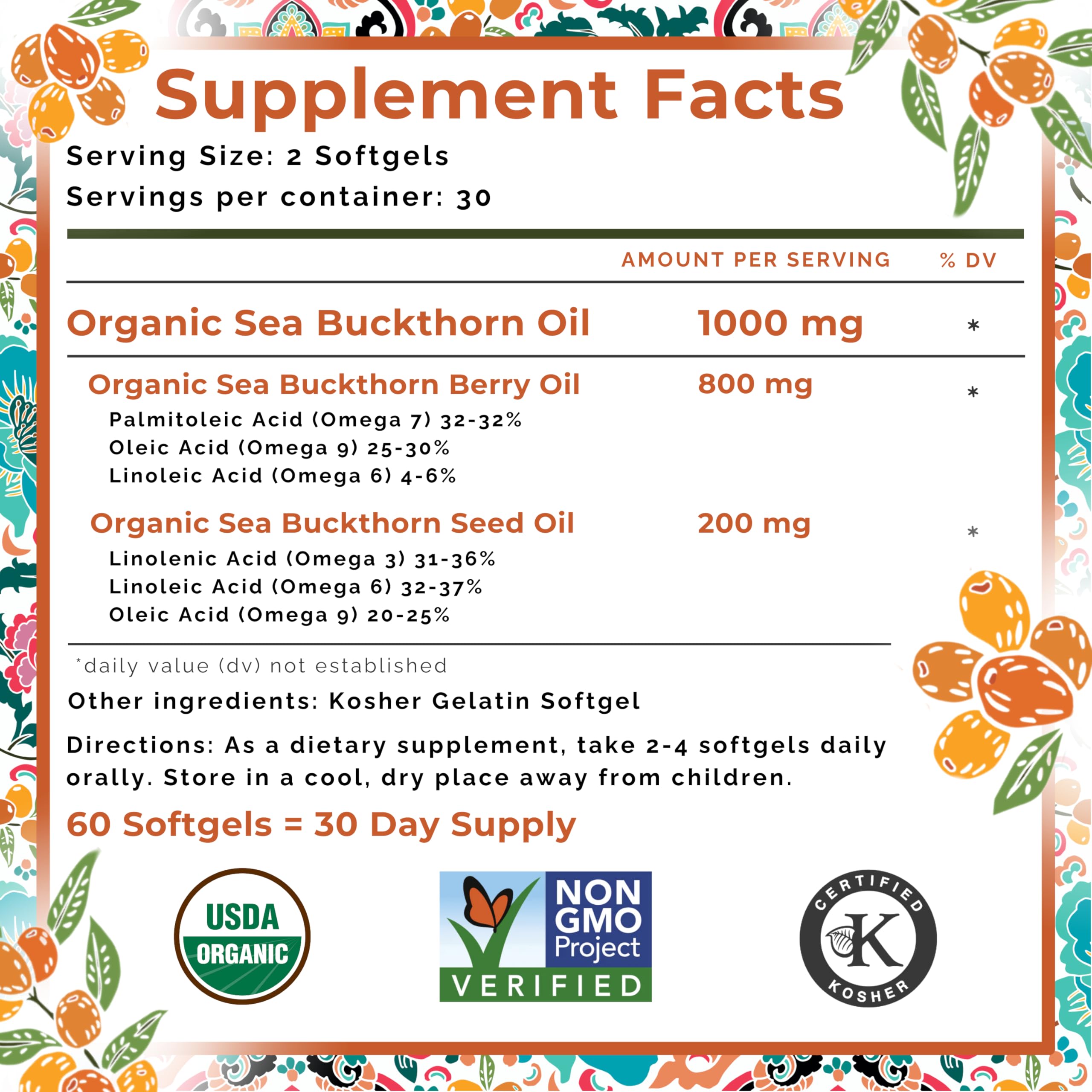 SeabuckWonders Organic Sea Buckthorn Oil, Omega-7 Complete Softgels, 60 Count, with Omega 3, 6 & 9, Supports Hair, Skin & Nail Health, 1000mg per Serving