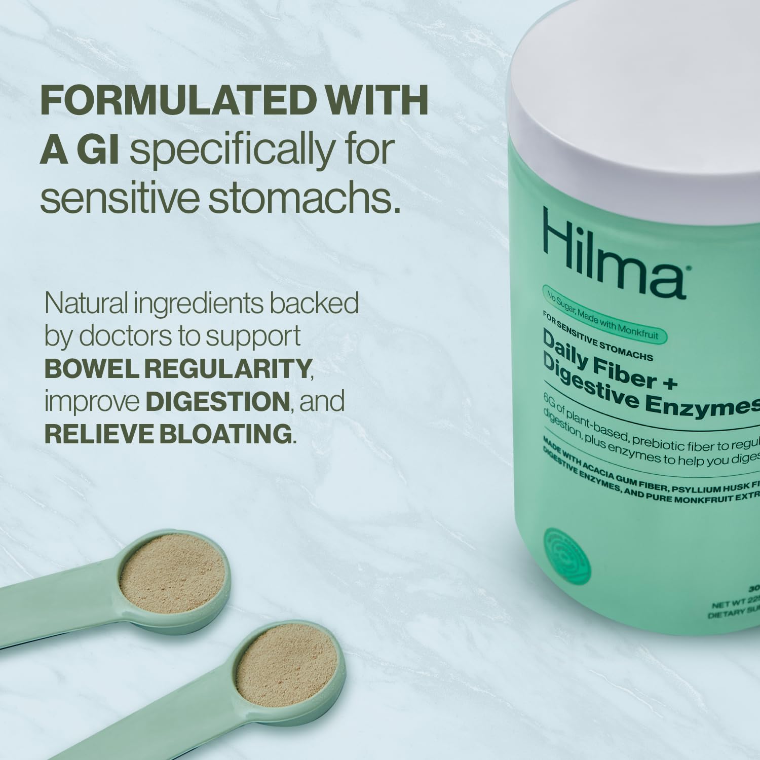 Hilma Daily Fiber and Digestive Enzymes, Fiber Supplement Powder with Prebiotics and Enzymes Formulated with Psyllium Husk and Acacia, Gluten Free, Vegan, FSA Eligible, Digestive Support, 30 Servings