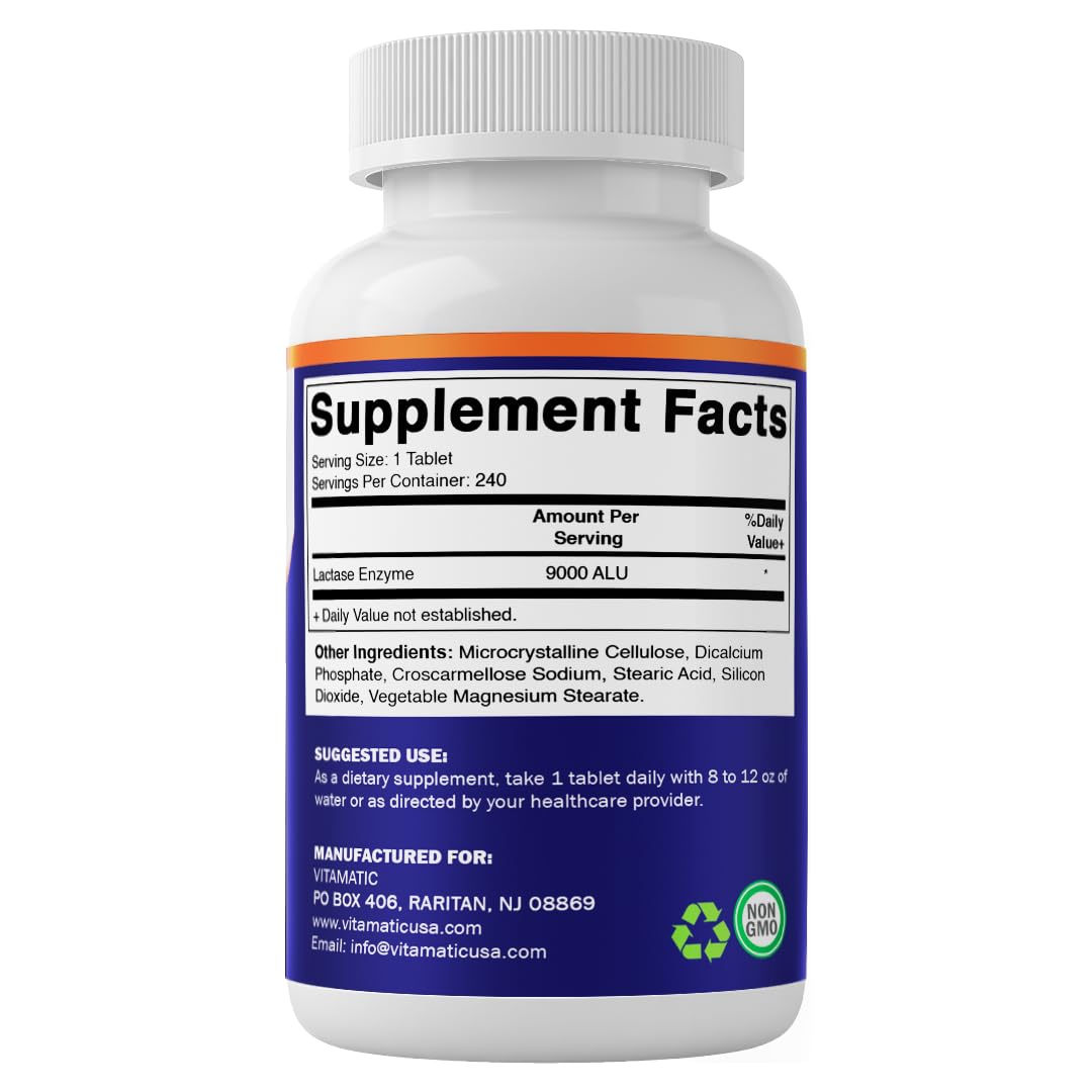 Vitamatic Lactase Enzyme 9000 FCC 240 Tablets - Lactose Intolerance Relief Caplets