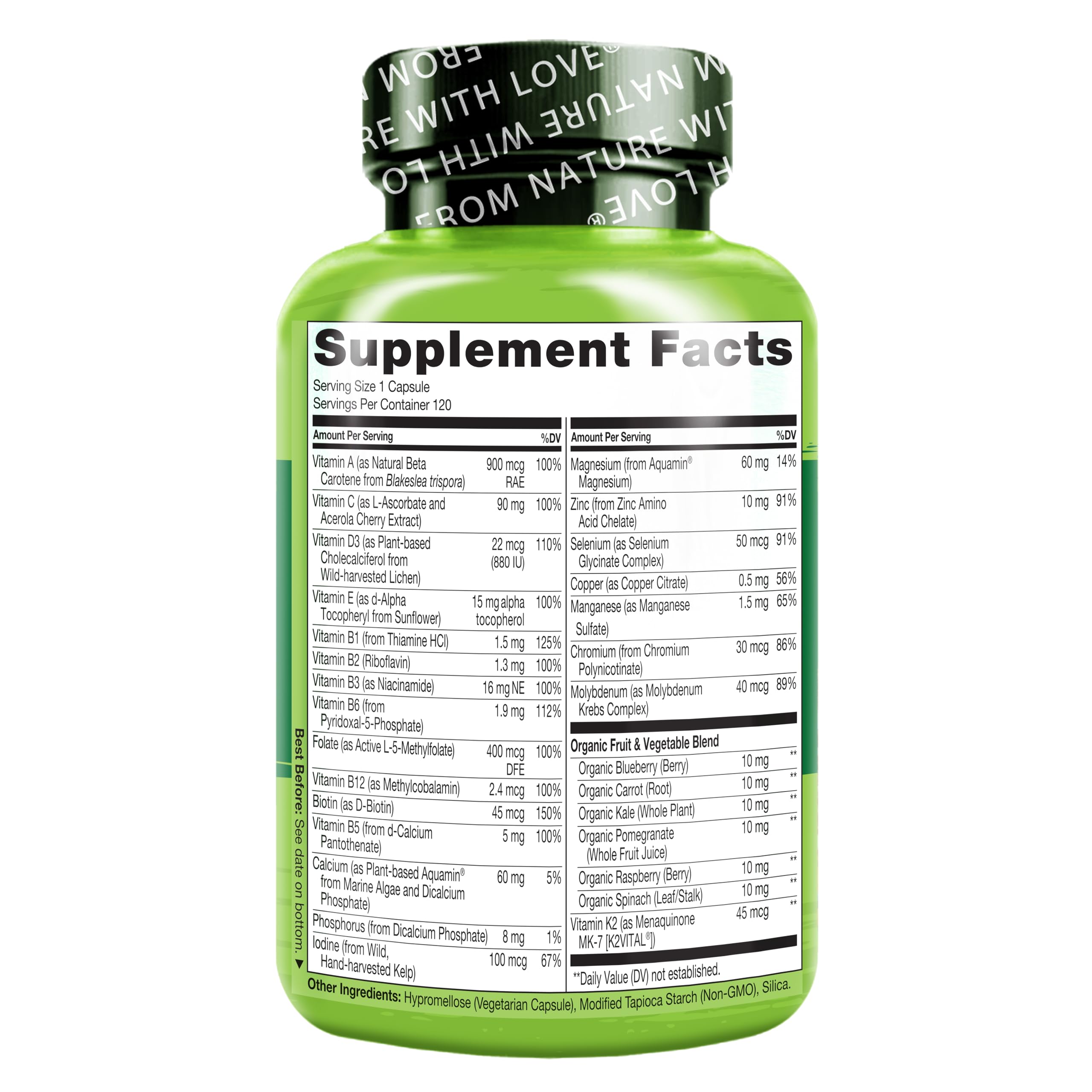 NATURELO One Daily Multivitamin for Women 50+ (Iron Free) - Menopause Support for Women Over 50 - Whole Food Supplement - Non-GMO - No Soy - 120 Capsules - 4 Month Supply