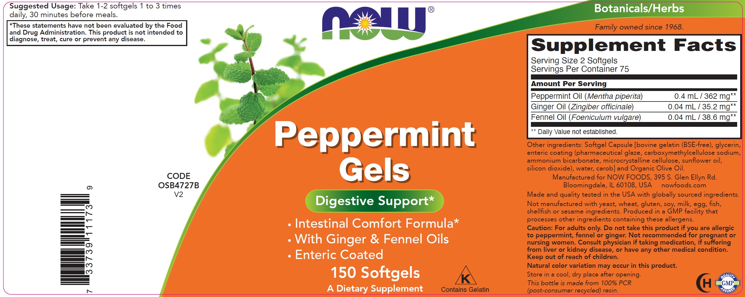 Now Peppermint Gels with Ginger Oil and Fennel Oil, 150 Softgels, Enteric Coated