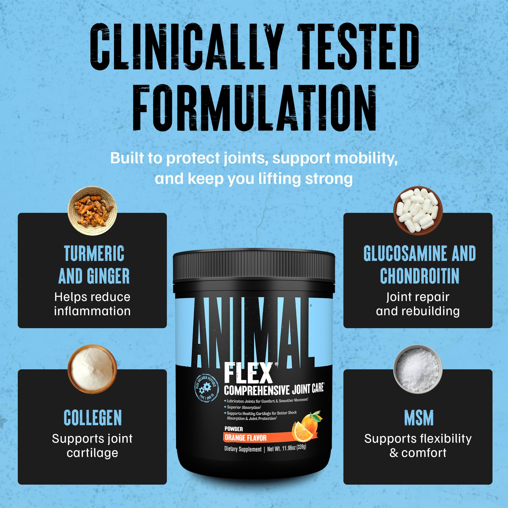 Animal Flex Powder - Joint Support Supplement for Pain Relief, Repair and Restore Muscles with Turmeric, Glucosamine, Chondroitin, MSM, Collagen and Boswellia, Great Tasting Orange Flavor, 30 Scoops