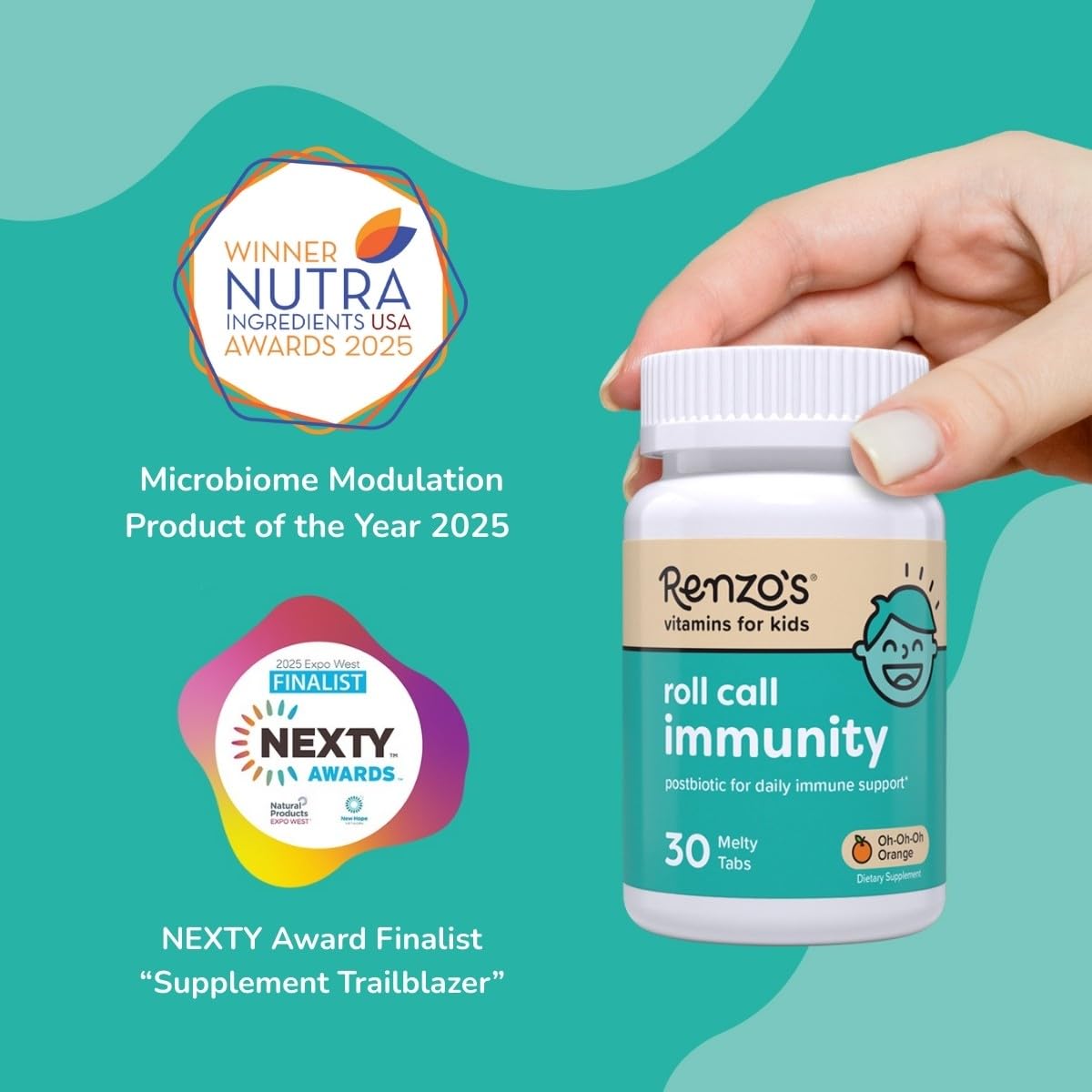 Renzo's Roll Call Immunity - Dissolvable Kids Immune Support Supplement with IMMUSE Postbiotic, Sugar-Free Kids Vitamins, 30 Orange-Flavored Melty Tabs