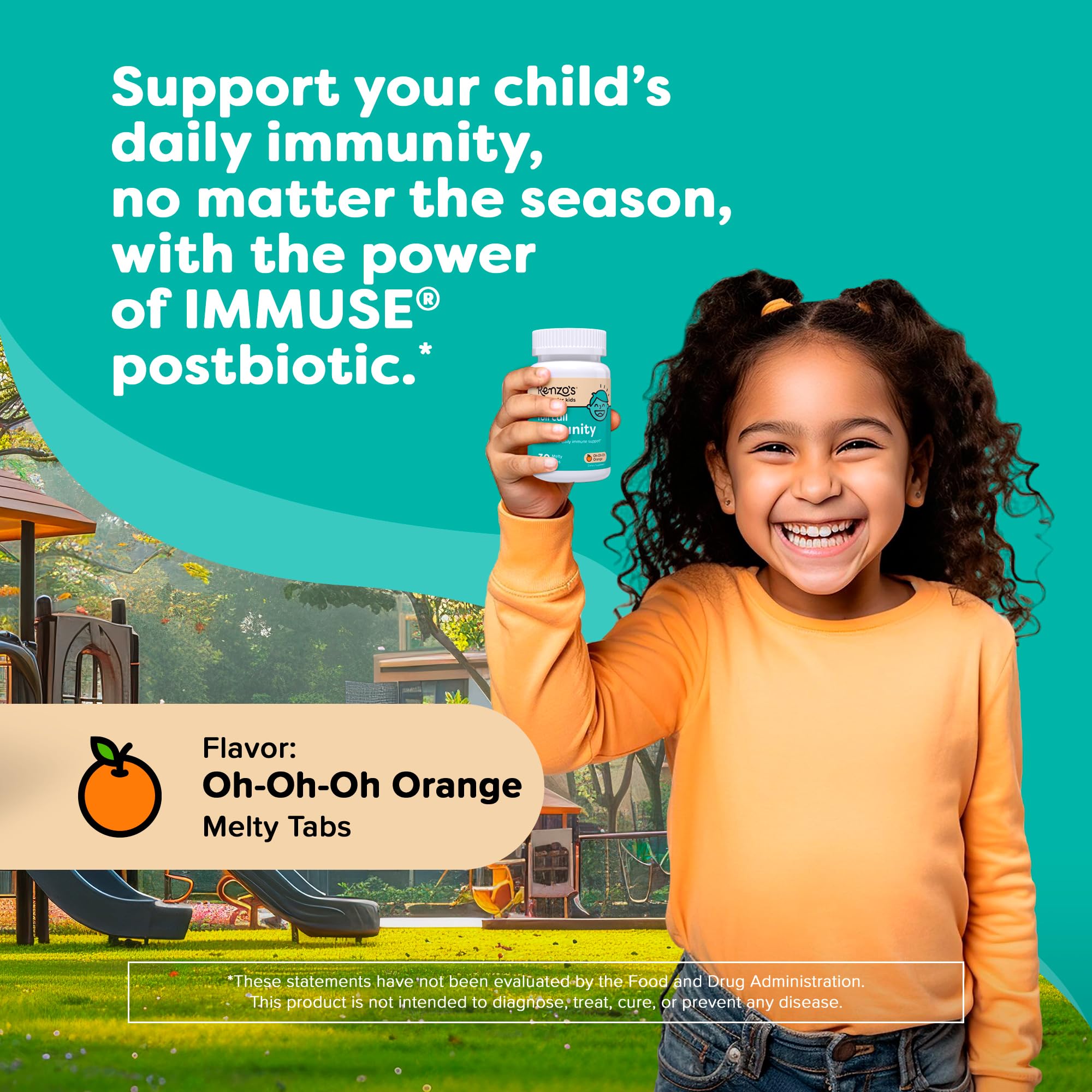 Renzo's Roll Call Immunity - Dissolvable Kids Immune Support Supplement with IMMUSE Postbiotic, Sugar-Free Kids Vitamins, 30 Orange-Flavored Melty Tabs