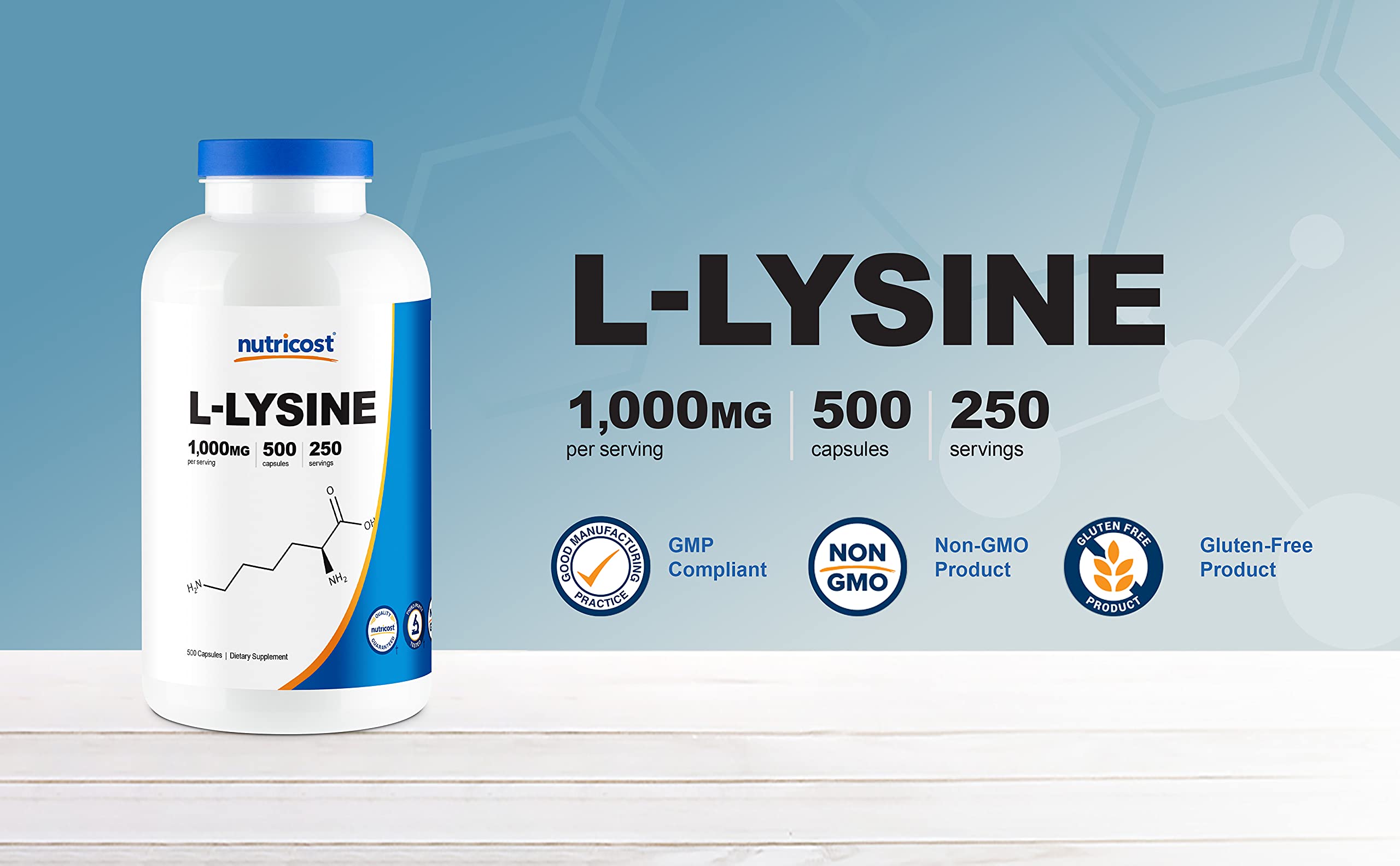 Nutricost L-Lysine 1000mg Per Serving, 250 Servings, 500 Capsules - Gluten Free, Non-GMO, 500mg Per Capsule