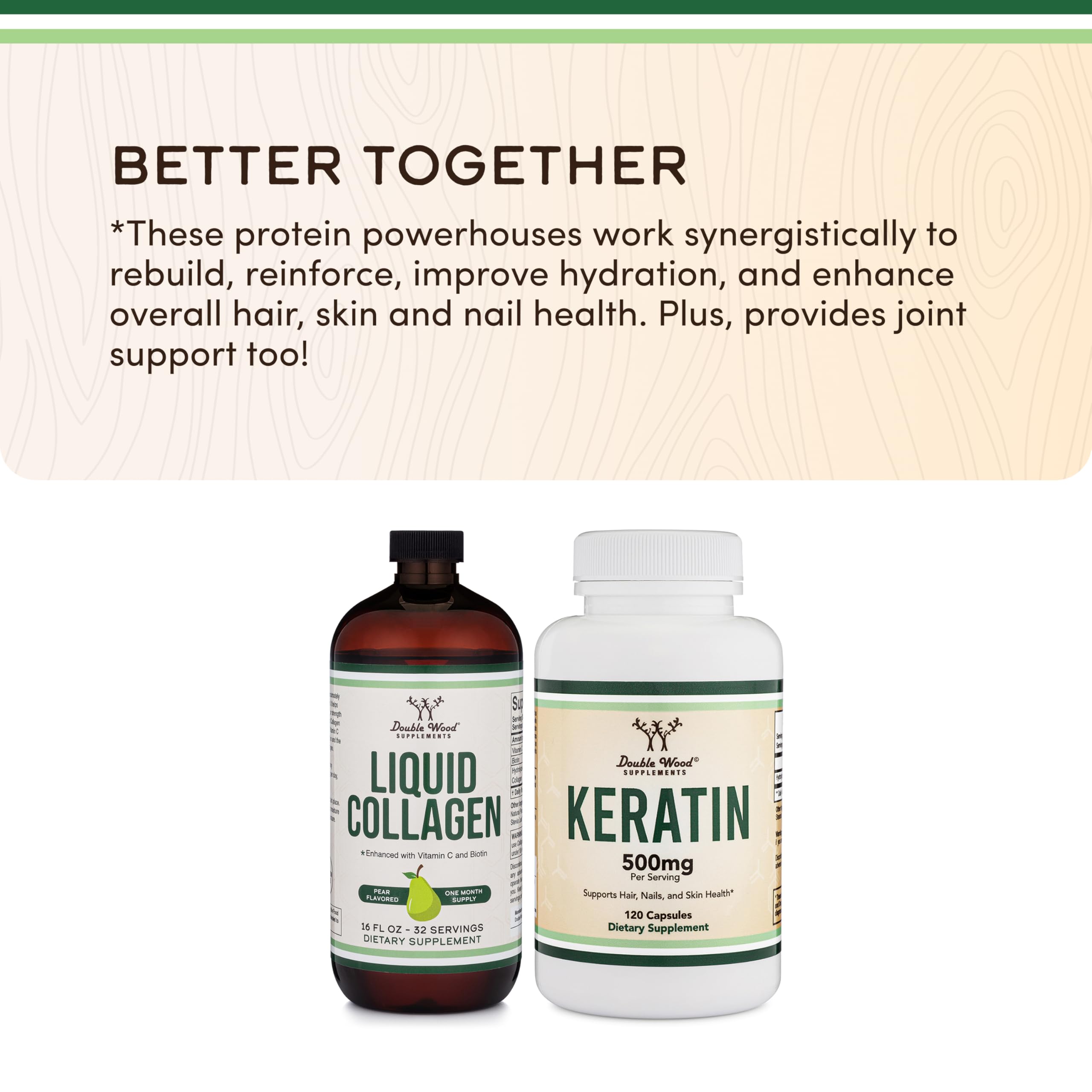 Double Wood Supplements Premium Liquid Collagen - 2500mg of Hydrolyzed Bovine Collagen (Type 1, 3 and Grassfed) - 32 Servings - for Women and Men - 30 mcg of Biotin - Sugar Free Pear Flavor