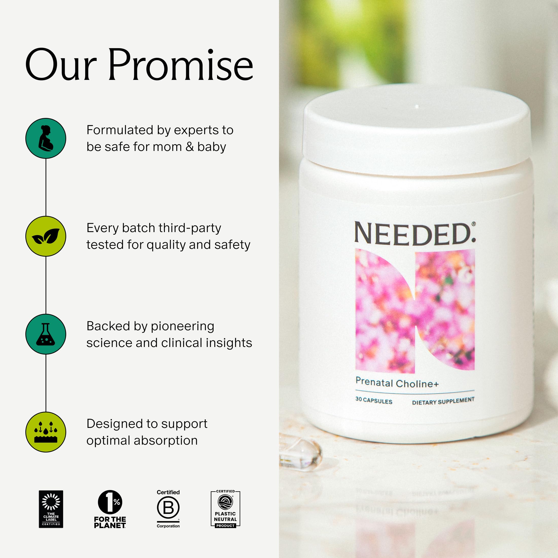 Needed. Prenatal Choline+ Liquid Capsules for Cognitive Development - Choline Supplements For Pregnancy - Aids Baby Brain Development & Supports Healthy Pregnancy - Third Party Tested - 30 Liquid Caps