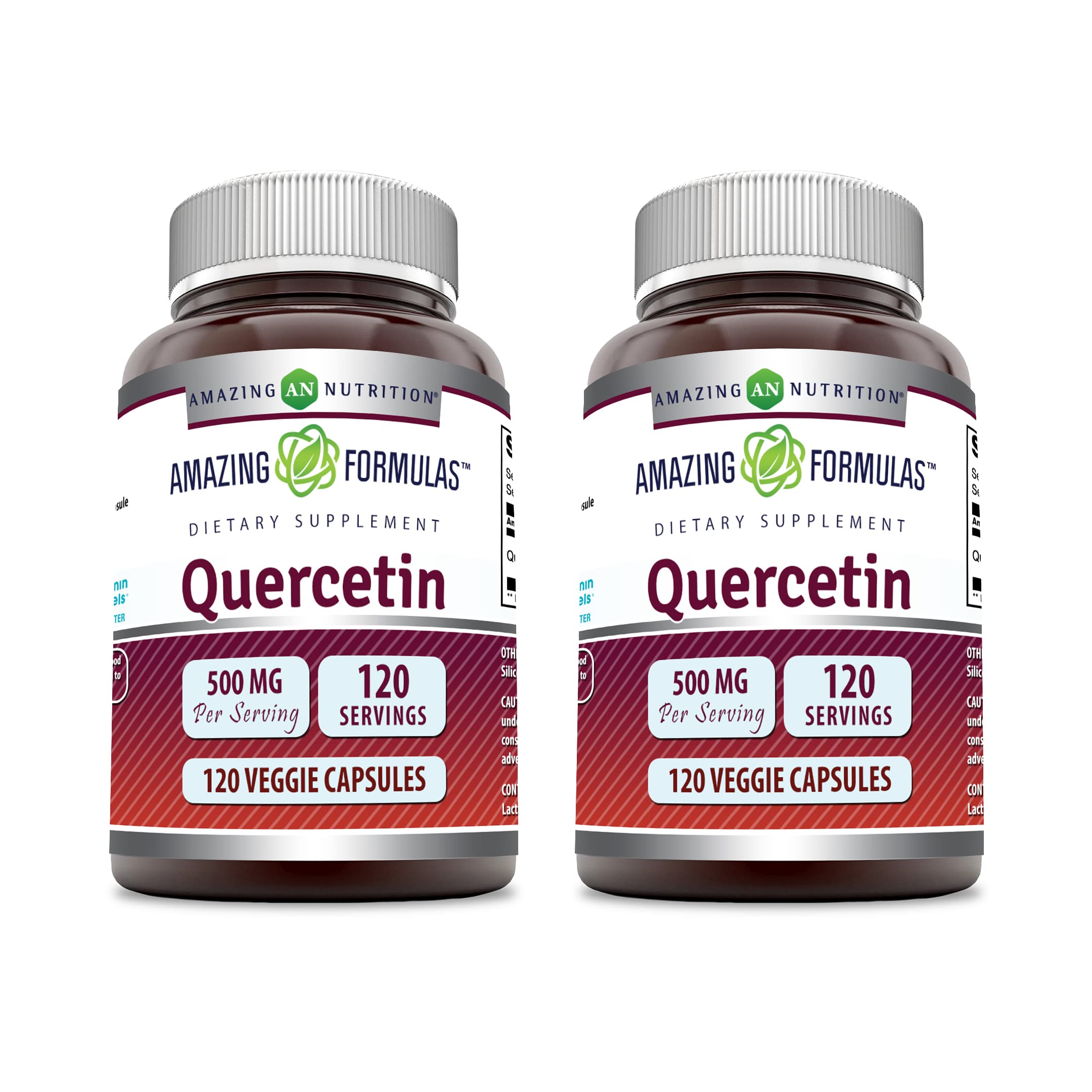 Amazing Formulas Quercetin 500mg Veggie Capsules Supplement | Non-GMO | Gluten Free | Supports Overall Health & Well Being (120 Count | 2 Pack)