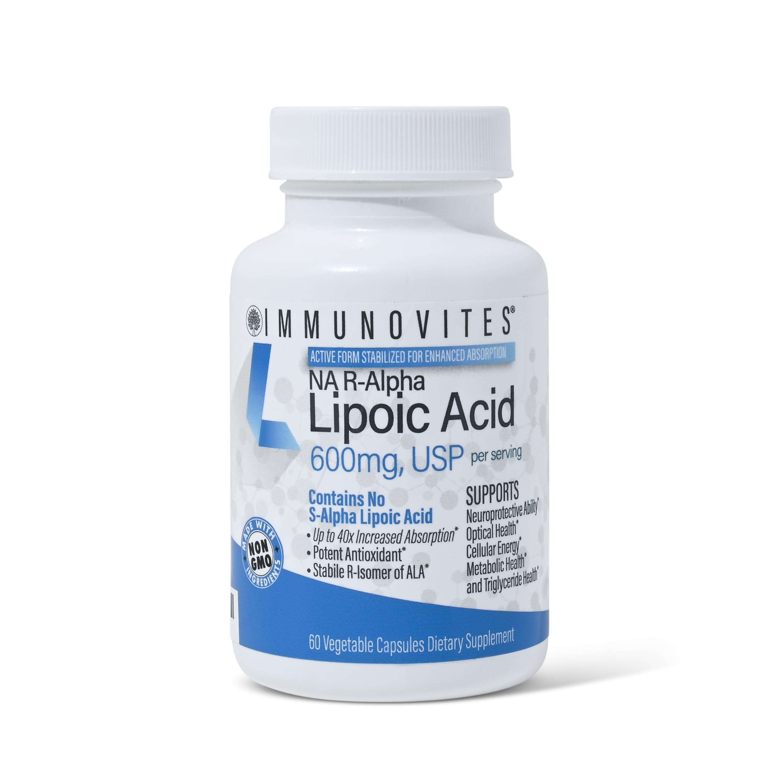 IMMUNOVITES Stabilized R-Alpha Lipoic Acid ((True)) 600mg per Serving [[High Potency & up to 40x Increased Absorption]] (Na R-ALA) (Na R-LA) (Na R-Lipoate) (1 Bottle)