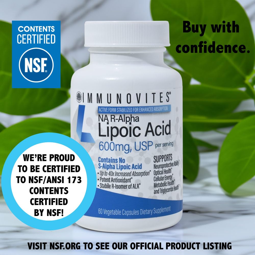 IMMUNOVITES Stabilized R-Alpha Lipoic Acid ((True)) 600mg per Serving [[High Potency & up to 40x Increased Absorption]] (Na R-ALA) (Na R-LA) (Na R-Lipoate) (1 Bottle)