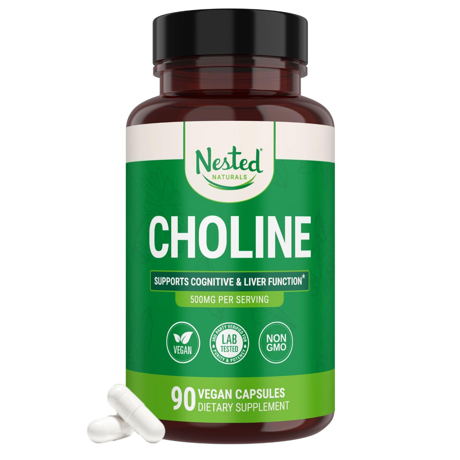 Nested Naturals Choline Bitartrate 500mg - High Potency Choline Supplements - Supports Cognitive Performance & Liver Function - 100% Vegan & Non-GMO Choline - 90 Vegan Capsules