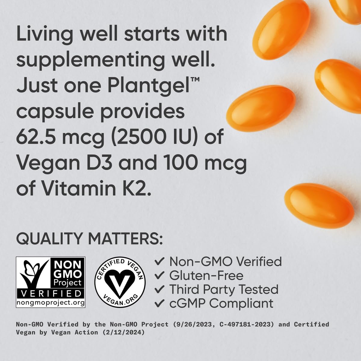 Sports Research® Vitamin D3 + K2 w/Coconut Oil - Vegan Vitamin D 2500iu (62.5mcg) & Mk7 Vitamin K 100mcg for Bone & Immune Support - Vegan Certified · Non-GMO · Soy Free - 60 Softgels