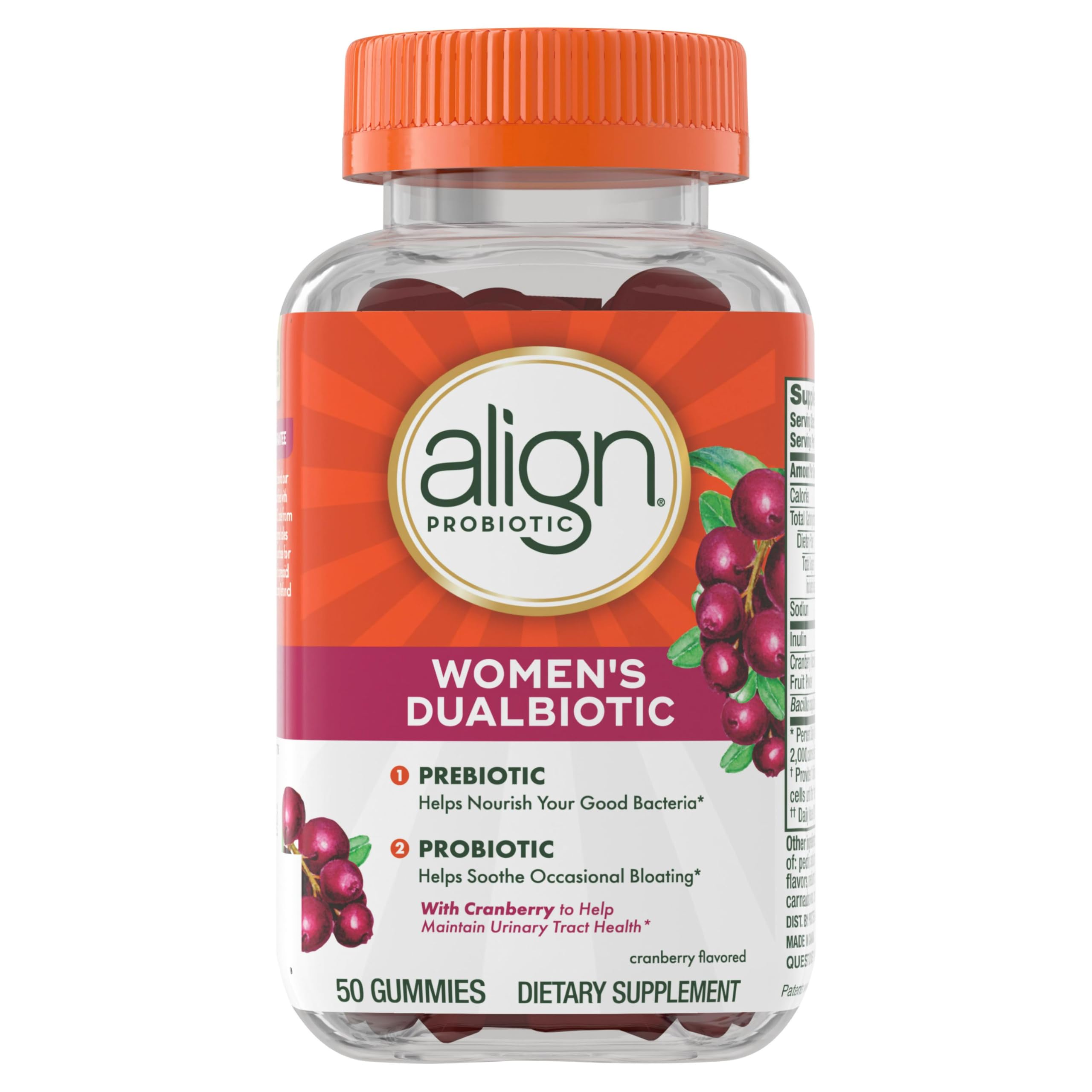 Align Probiotic, Women's Dualbiotic, Womens Probiotic Gummies, Prebiotics and Probiotics for Women, with Cranberry for Urinary Tract Health*, Cranberry Flavor, 50 Gummies