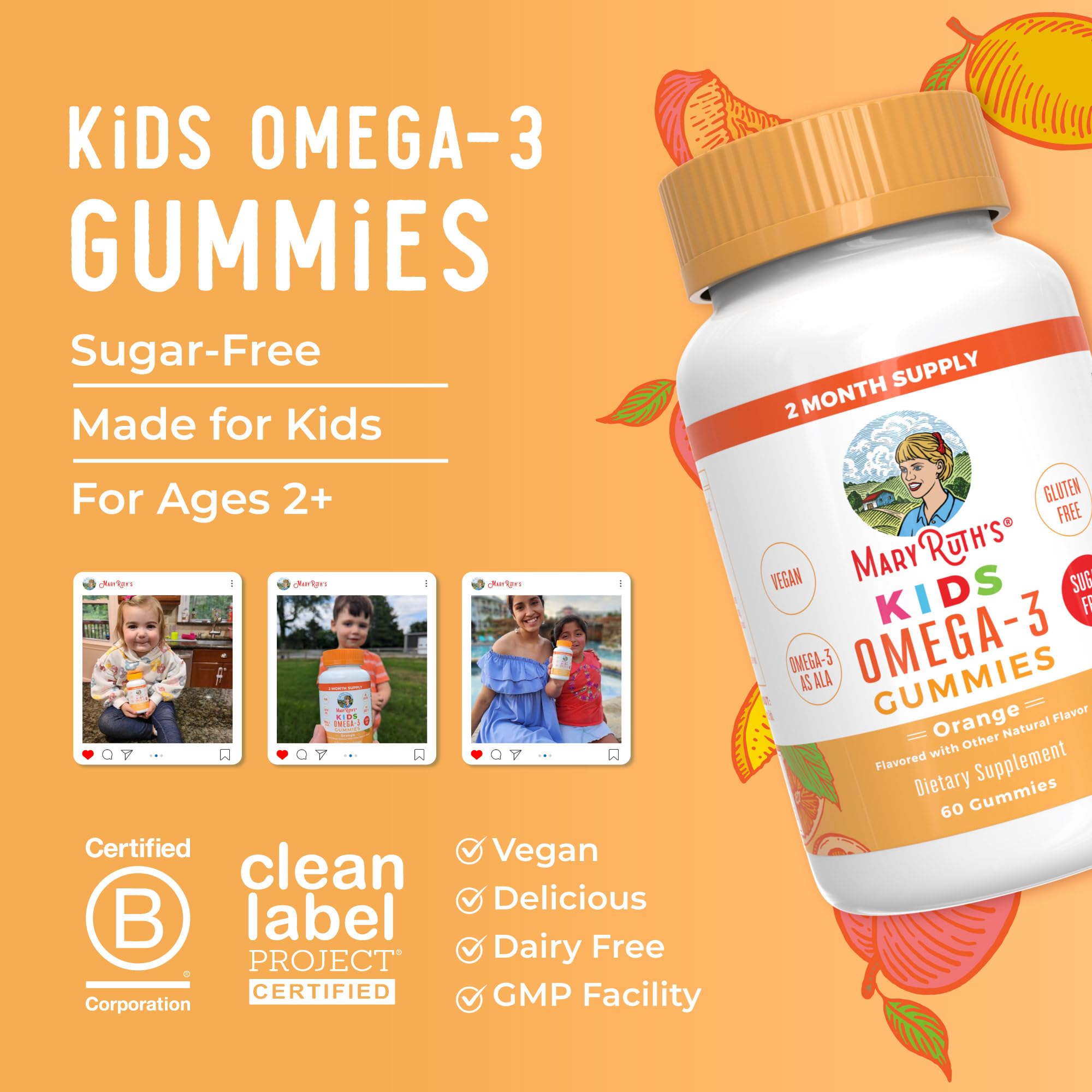 MaryRuth Organics Vegan Omega 3 Gummies for Kids 2+, 2 Month Supply, Sugar Free, Omega 3 Supplement with Vitamin C, Flaxseed Oil, Immune Support, Essential Nutrient ALA, No Fish Taste, 60 Count