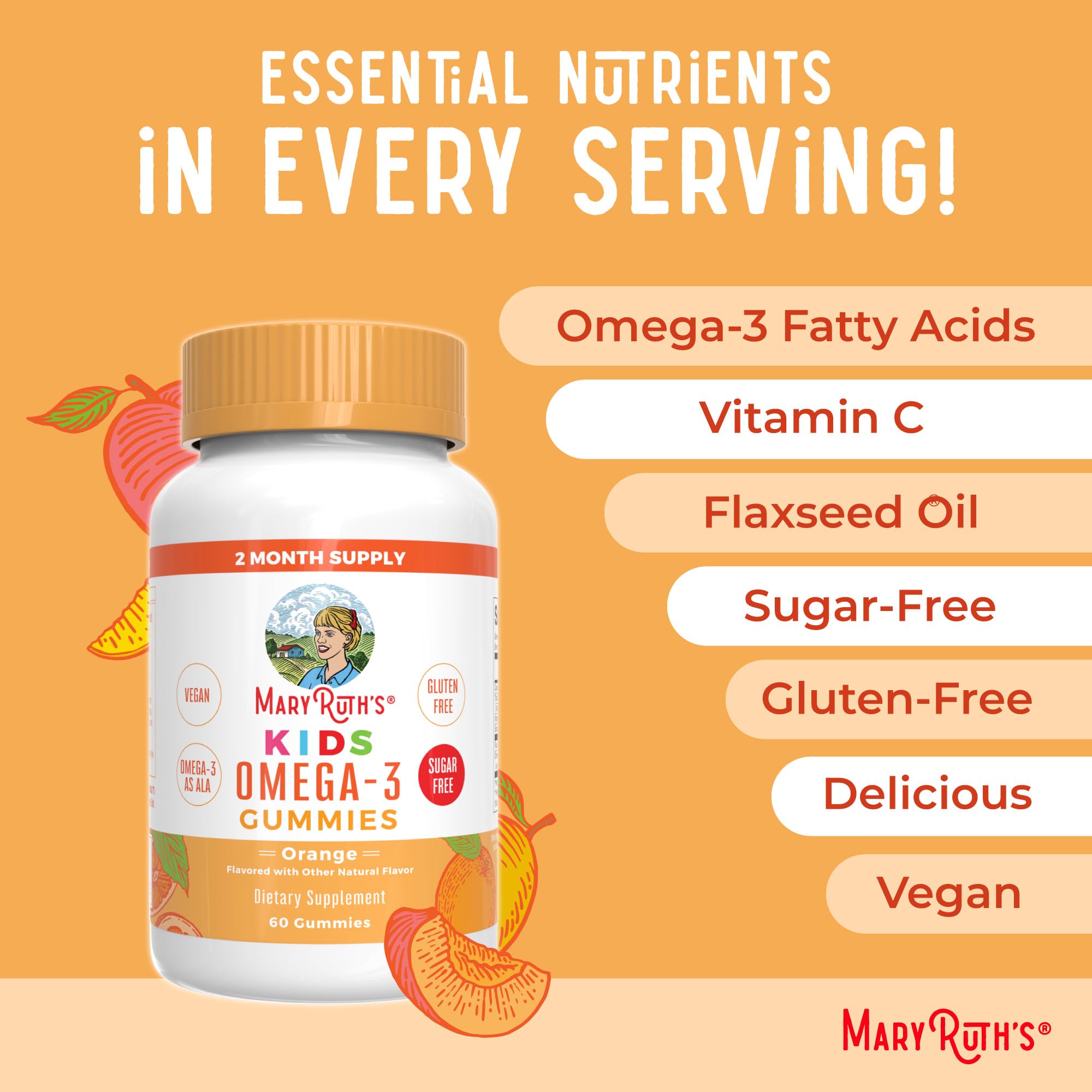 MaryRuth Organics Vegan Omega 3 Gummies for Kids 2+, 2 Month Supply, Sugar Free, Omega 3 Supplement with Vitamin C, Flaxseed Oil, Immune Support, Essential Nutrient ALA, No Fish Taste, 60 Count