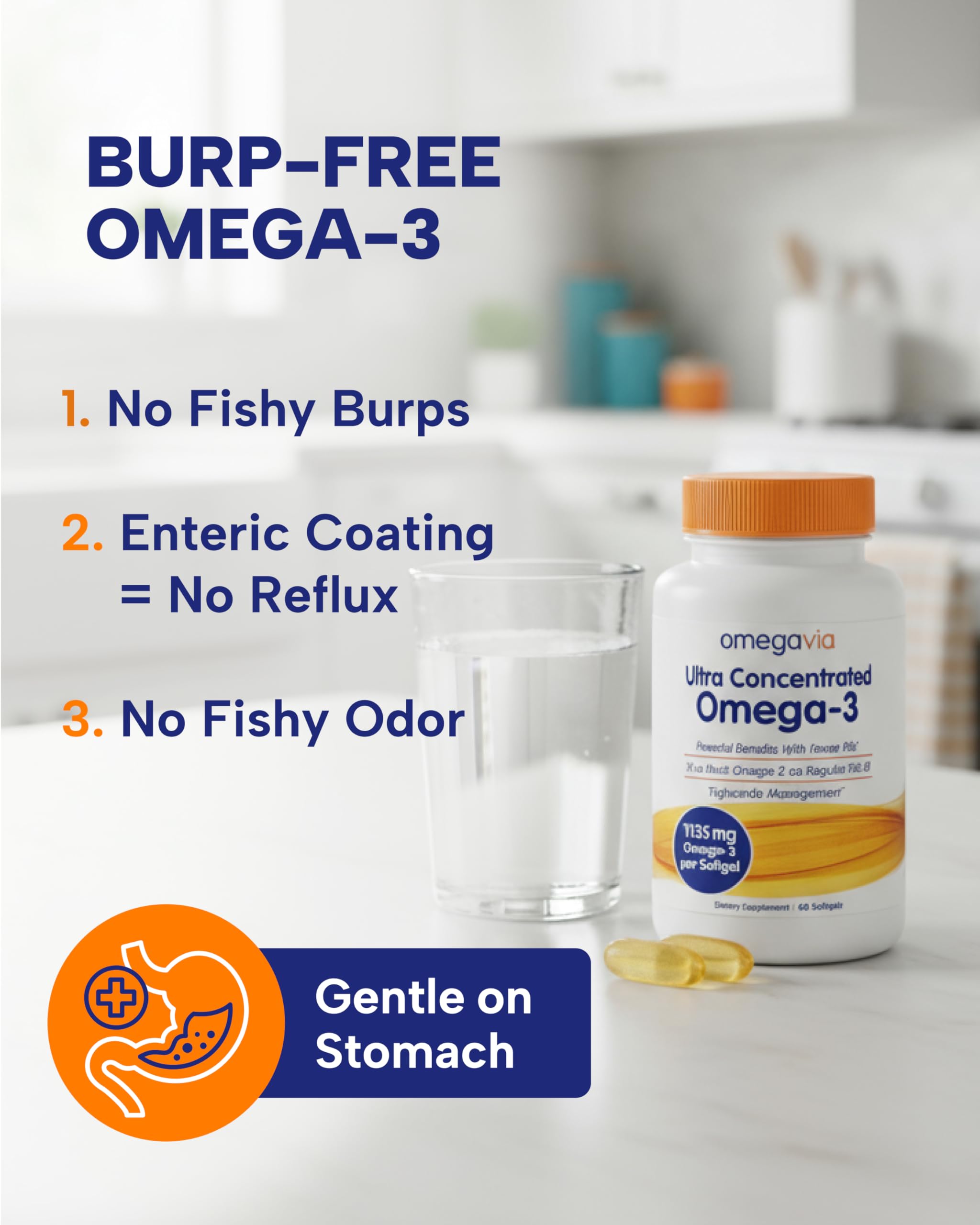 OmegaVia Ultra Concentrated Omega 3 Fish Oil Burpless, 60 Softgels, Triple Strength Omega 3 Fish Oil Supplements, 1135 mg Pure Omega3, No Fishy Burps, High EPA DHA DPA, IFOS 5-Star