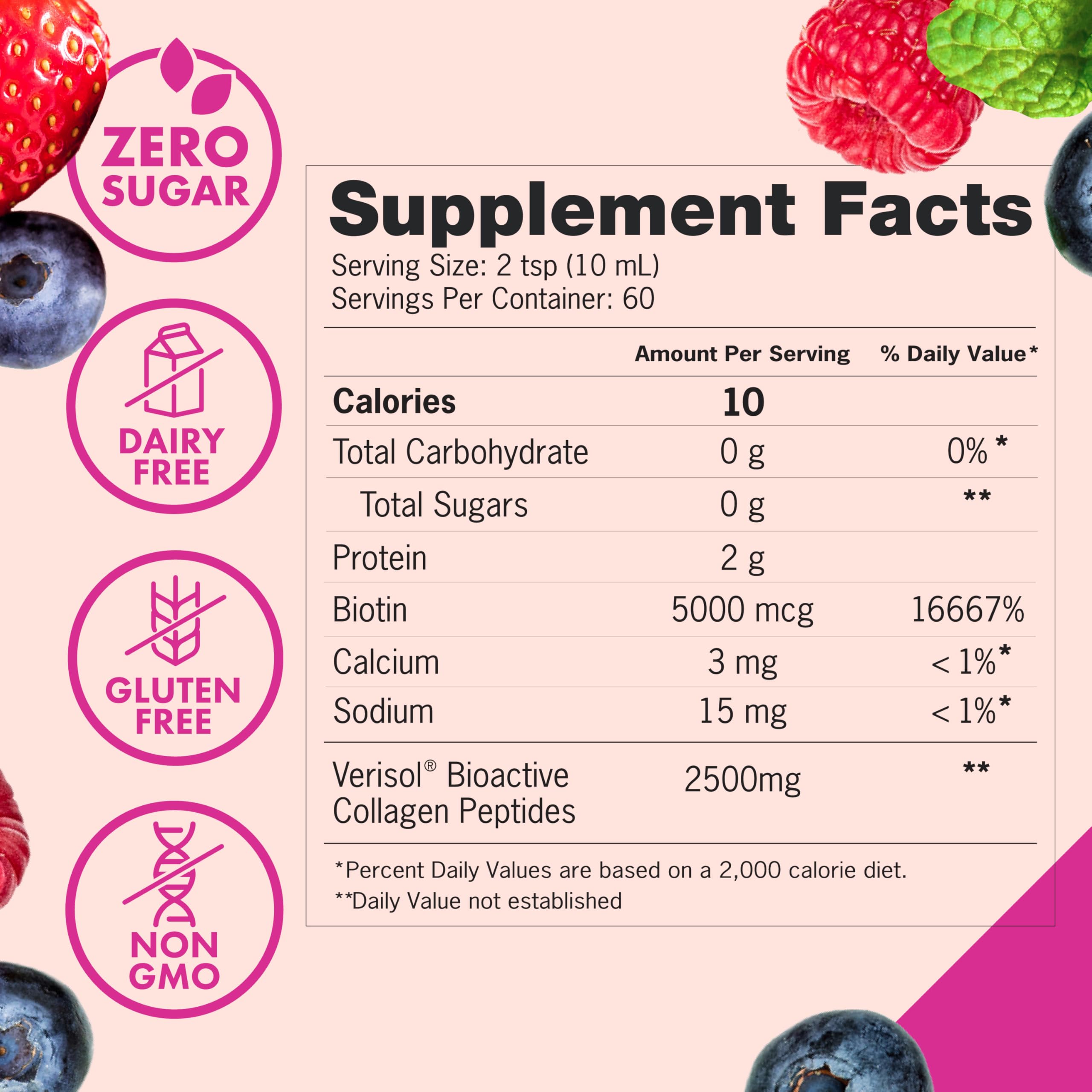 Zena Nutrition Liquid Collagen for Women & Men (Type 1 & 3) & 5000mcg Biotin, 2500mg Verisol Bioactive Collagen Peptides, Hair, Skin, Nail Supplement, Mixed Berry, 60 Servings, 20.3 fl oz