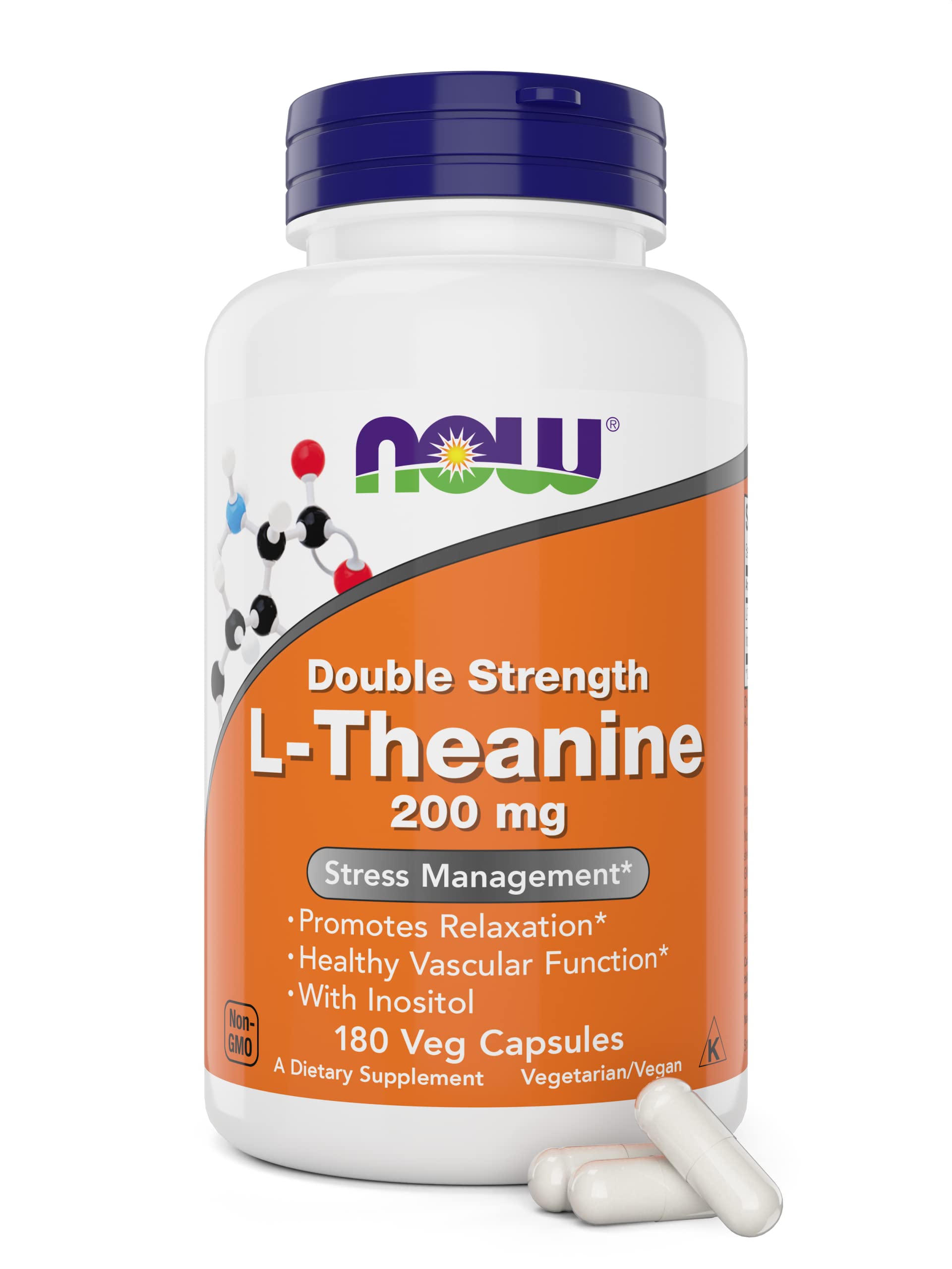 NOW Foods L-Theanine, Double Strength 200 mg Per Cap - 180 Veg Capsules - Enhanced with 100mg Inositol - Vegetarian, Non-GMO - Ltheanine 200mg Supplement