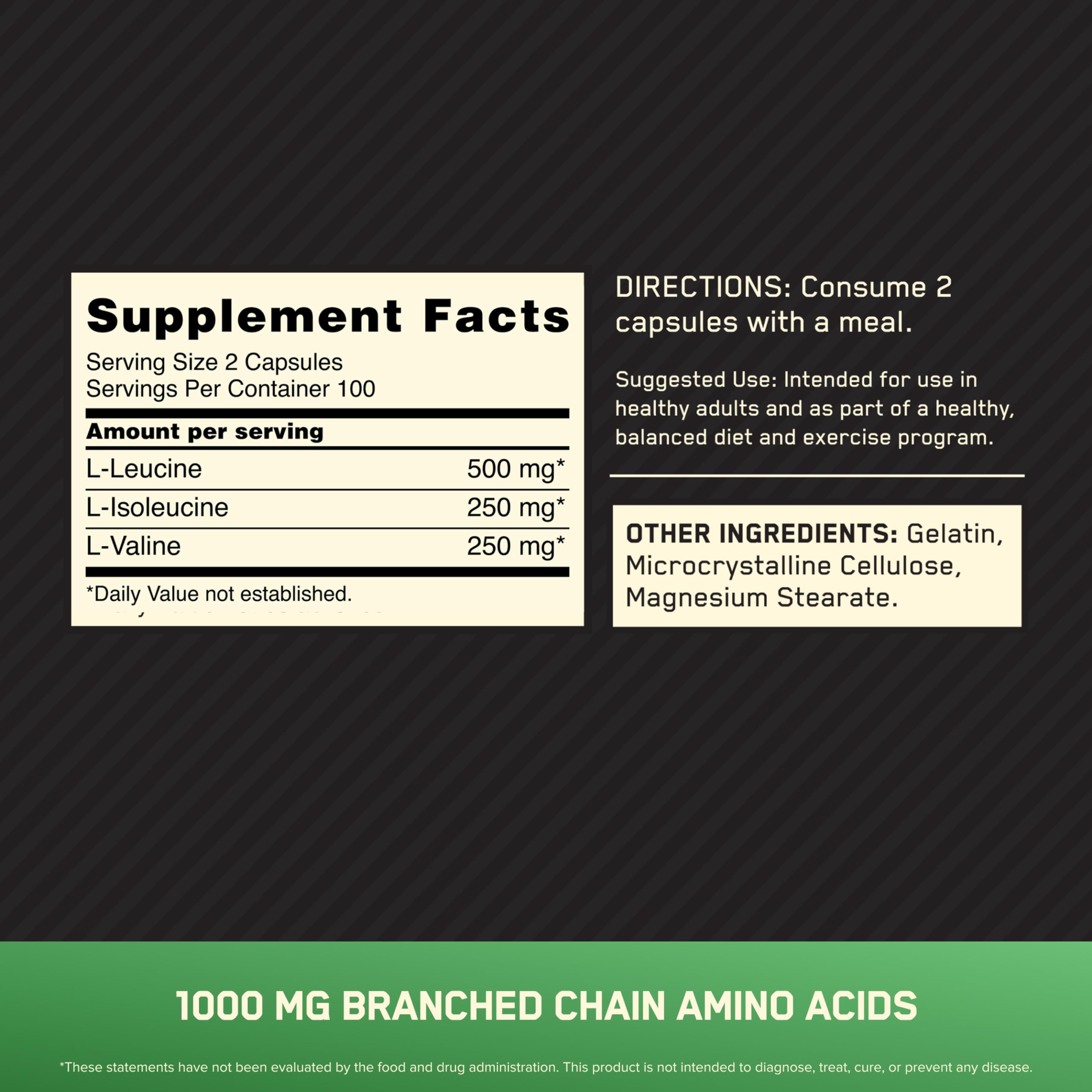 Optimum Nutrition Instantized BCAA Branched Chain Essential Amino Acids Capsules, 1000mg, 200 Count