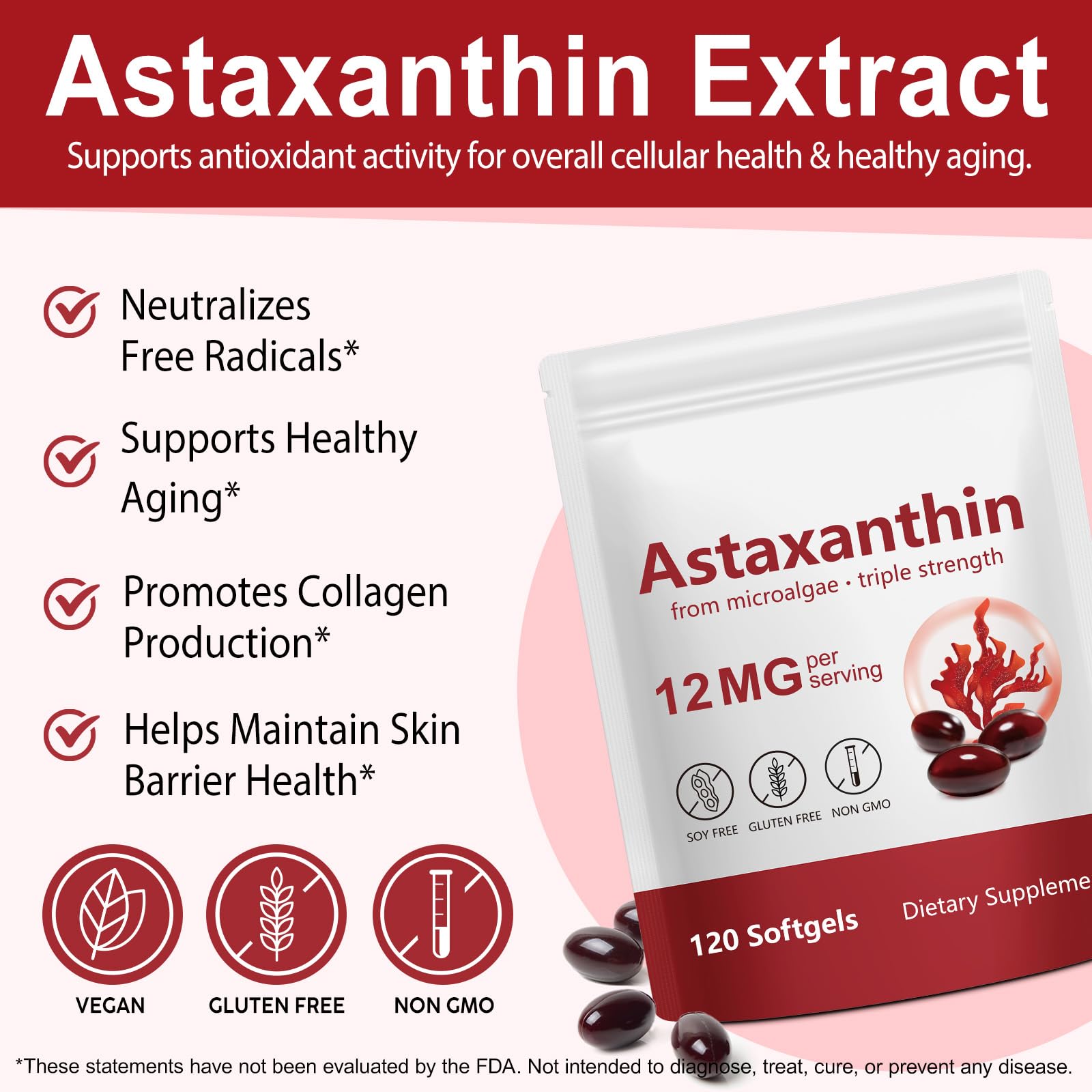 2 Pack Premium Astaxanthin 12mg,120 Softgels | Natural Antioxidant Supplement for Eye, Joint, Skin Health,Microalgae Source | 4 Month Supply | Supports Internal Circulation & Natural Tanning,Non-GMO
