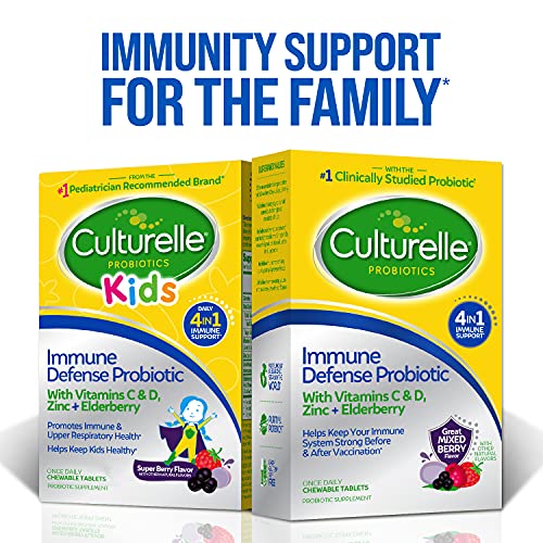 Culturelle Immune Defense Probiotic with Vitamin C, Vitamin D and Zinc + Elderberry, Non-GMO, 4-in-1 Immune Support for Kids Ages 3+*, Mixed Berry Chewables, 30 Count