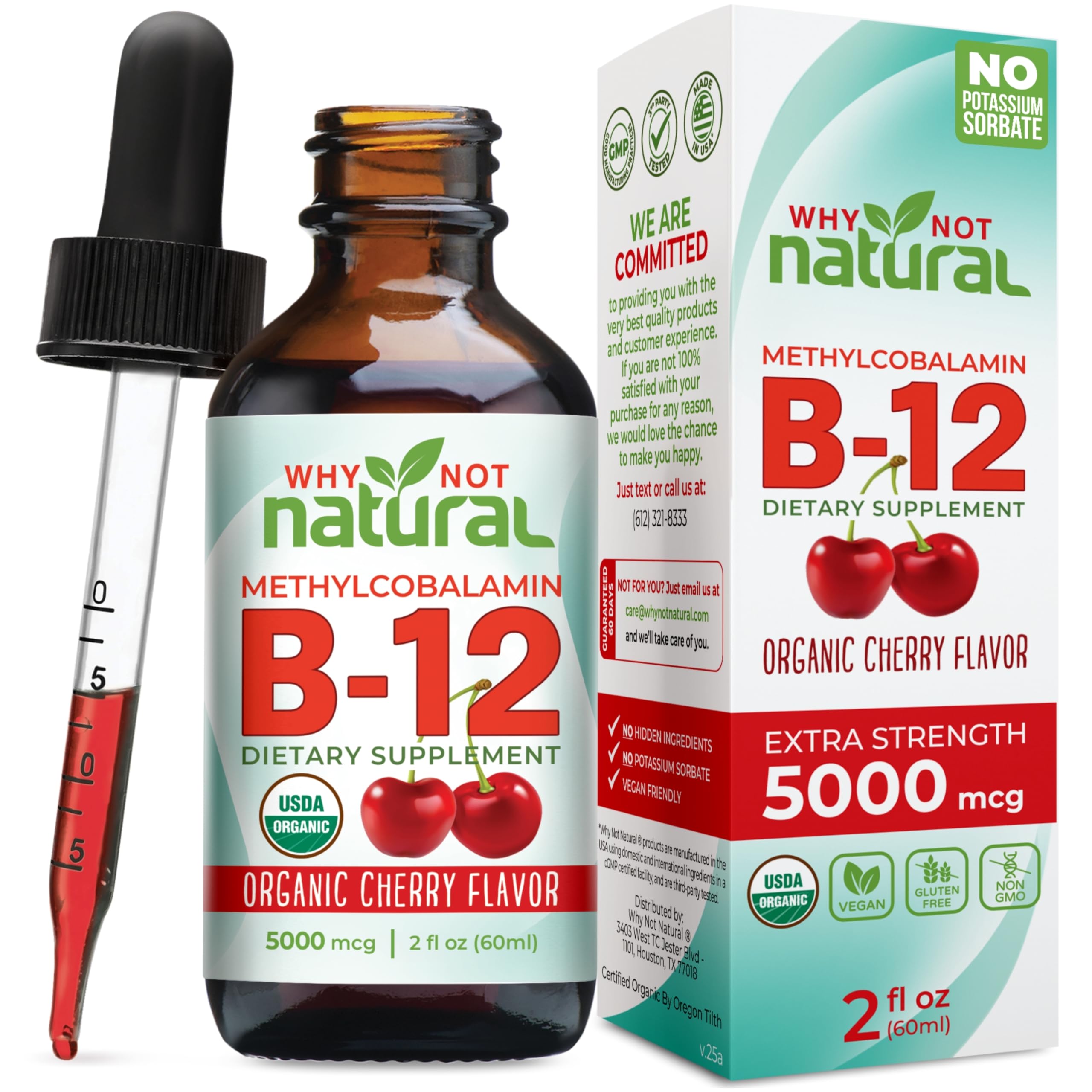 Why Not Natural Organic Vitamin B12 Liquid - Sublingual Extra Strength 60 x 5000 mcg Methylcobalamin Drops, Vegan, Maximize Absorption and Energy