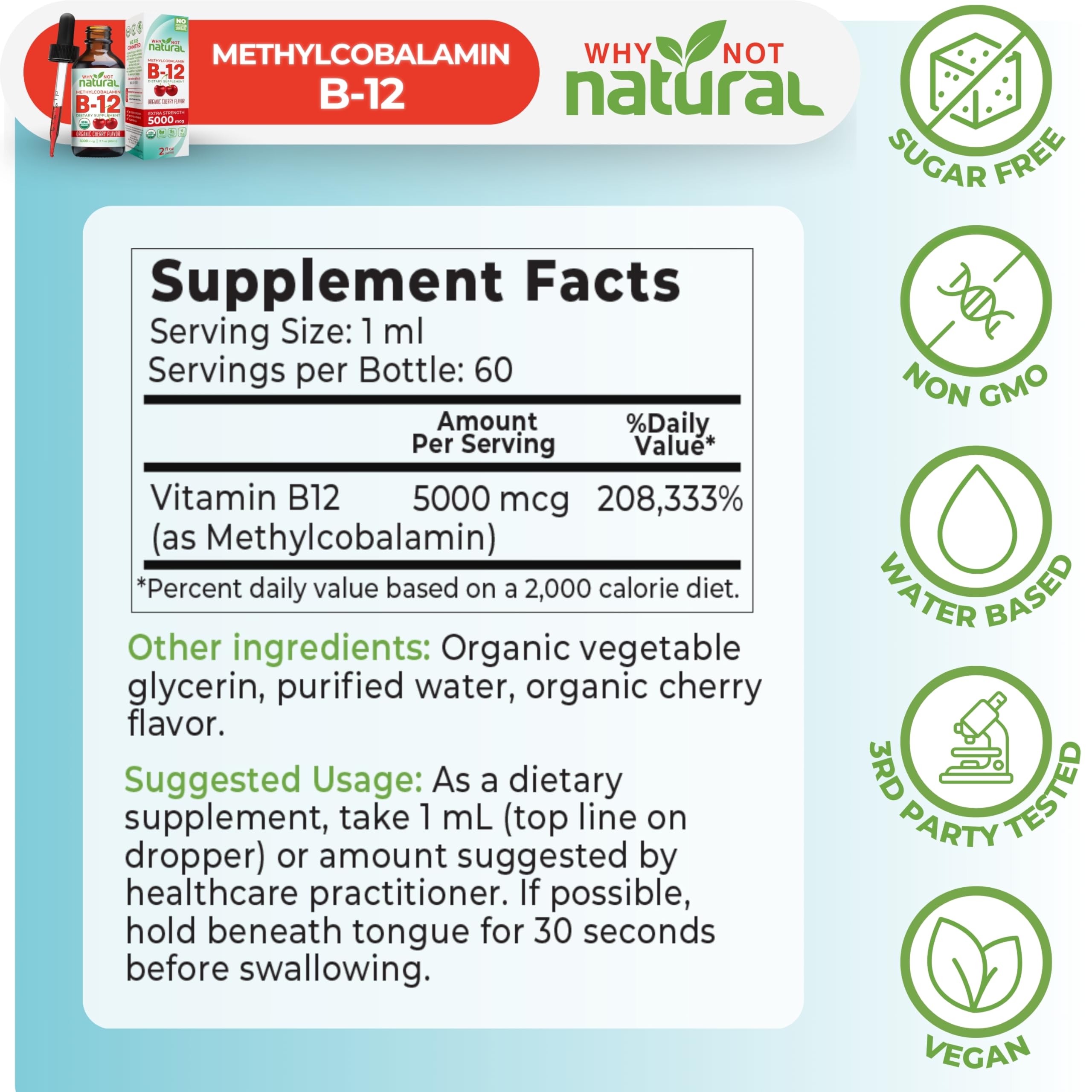 Why Not Natural Organic Vitamin B12 Liquid - Sublingual Extra Strength 60 x 5000 mcg Methylcobalamin Drops, Vegan, Maximize Absorption and Energy