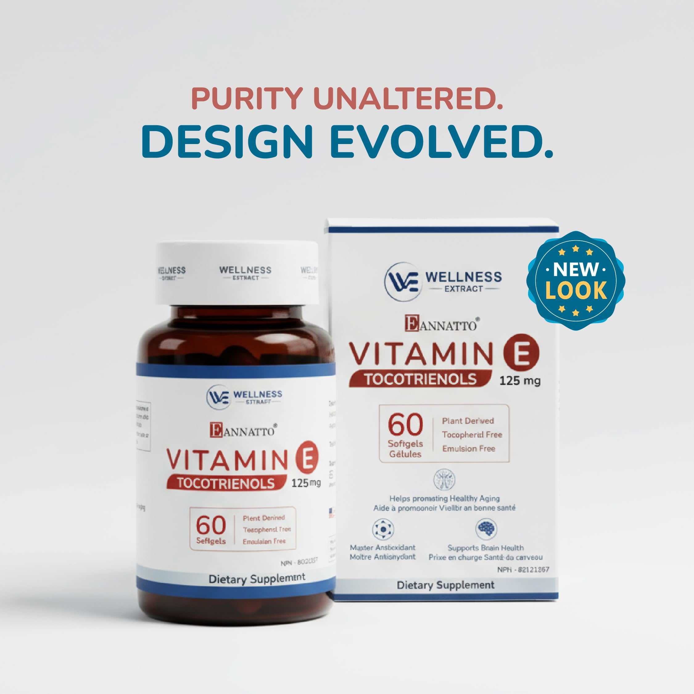 WELLNESS EXTRACT Eannatto Tocotrienols Vitamin E Supplements Tocopherol Free, Non-GMO, Gluten Free & Antioxidant (125MG 60 Softgels)